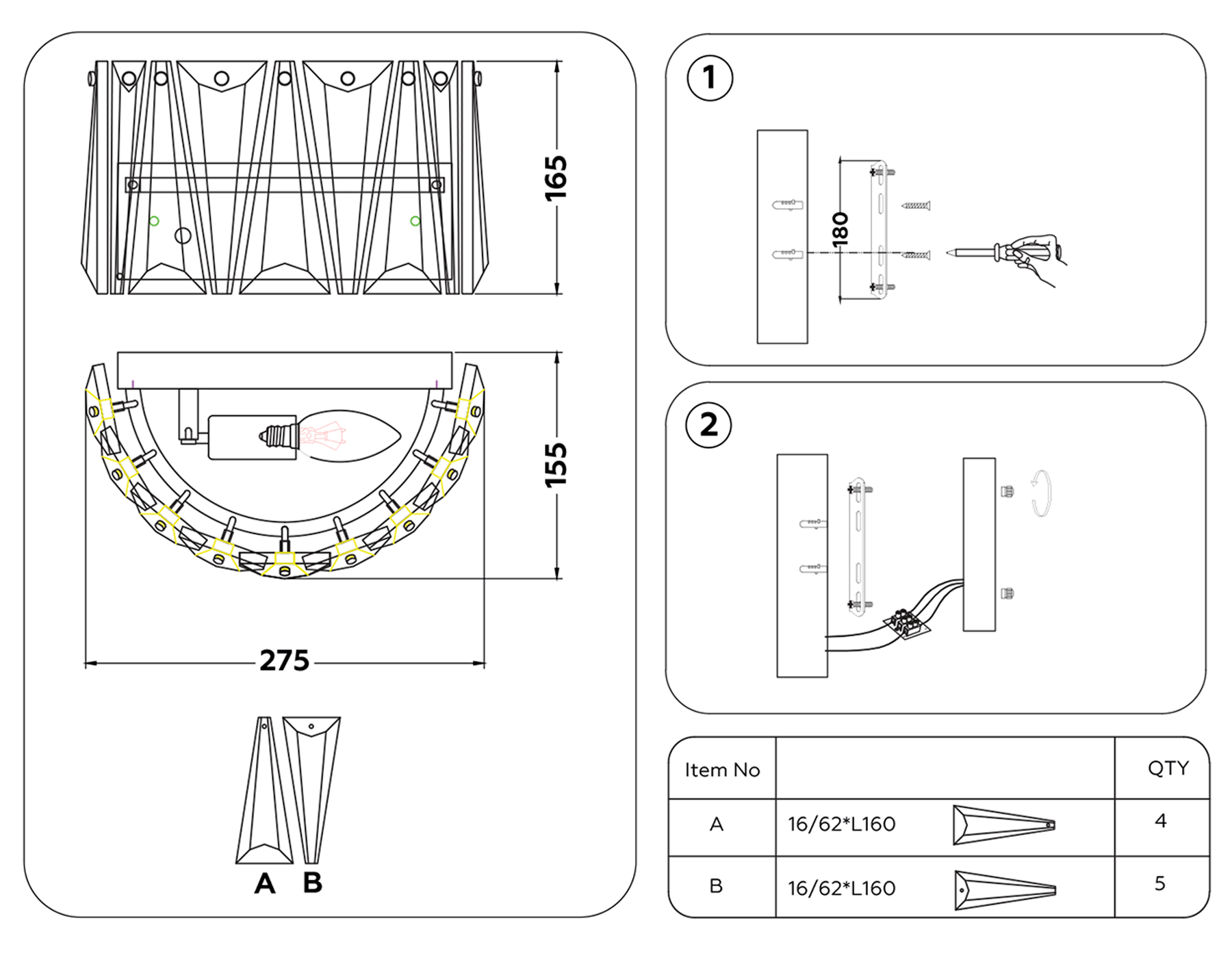 Настенный светильник с хрусталем TR5175 CH/CL хром/прозрачный E14 max 40W 275*165*155
