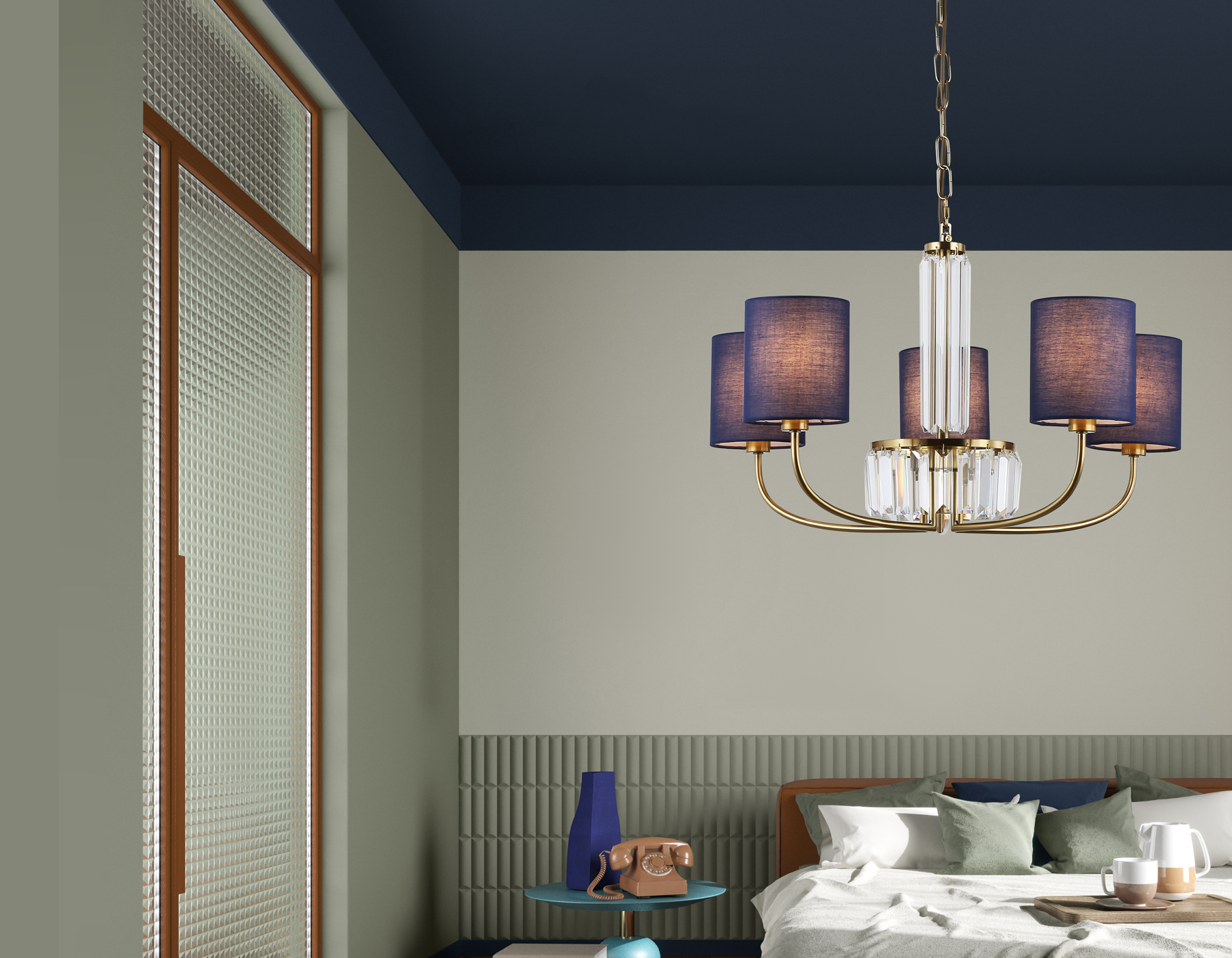 Подвесная люстра с абажурами и хрусталем LH71271/5 BS/DB латунь/темно синий E14/5 max 40W D650*840