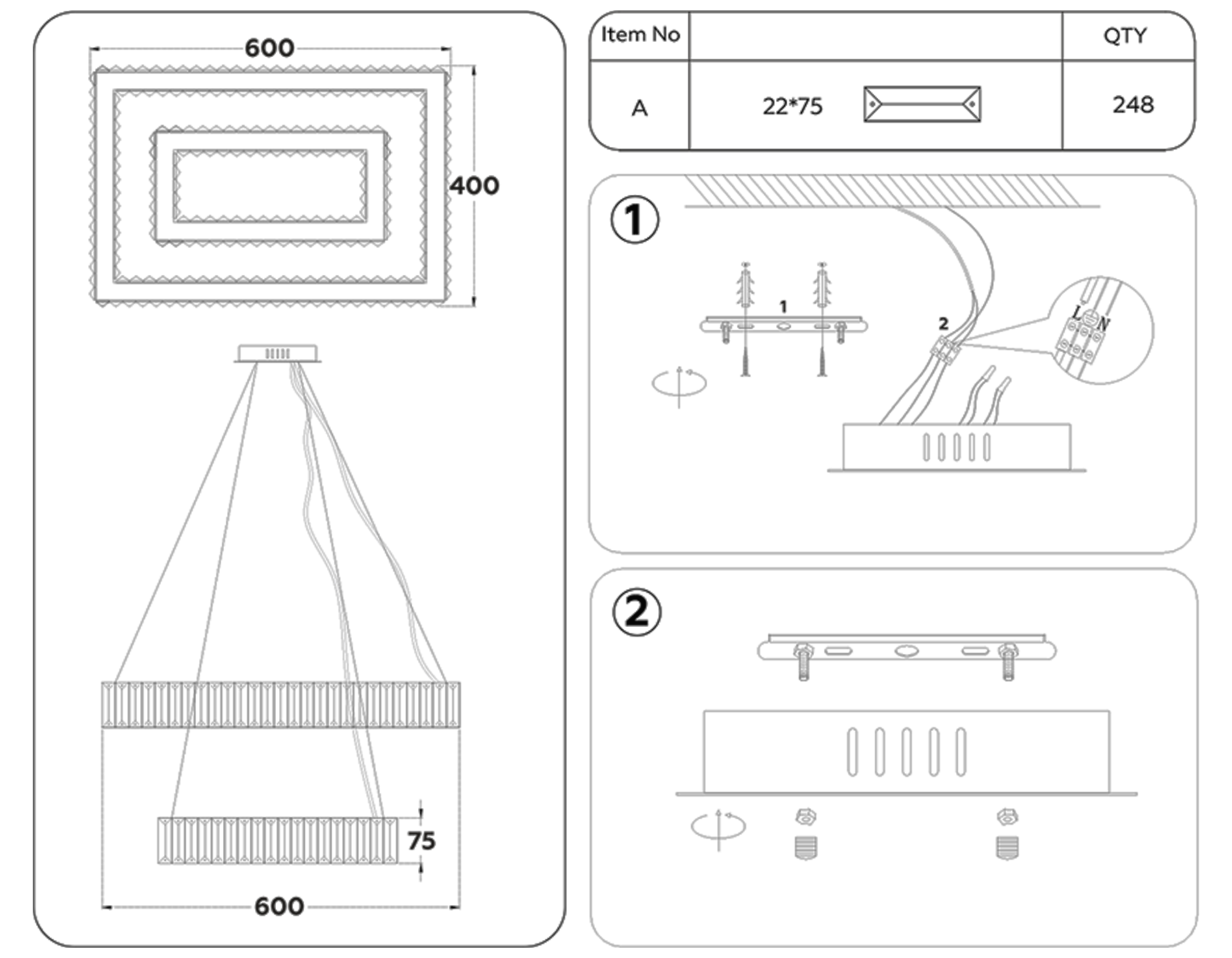 Подвесная светодиодная люстра с хрусталем TR5007/2 GD/CL золото/прозрачный 90W 3000K/4200K/6400K 600*400*950 (Без ПДУ)