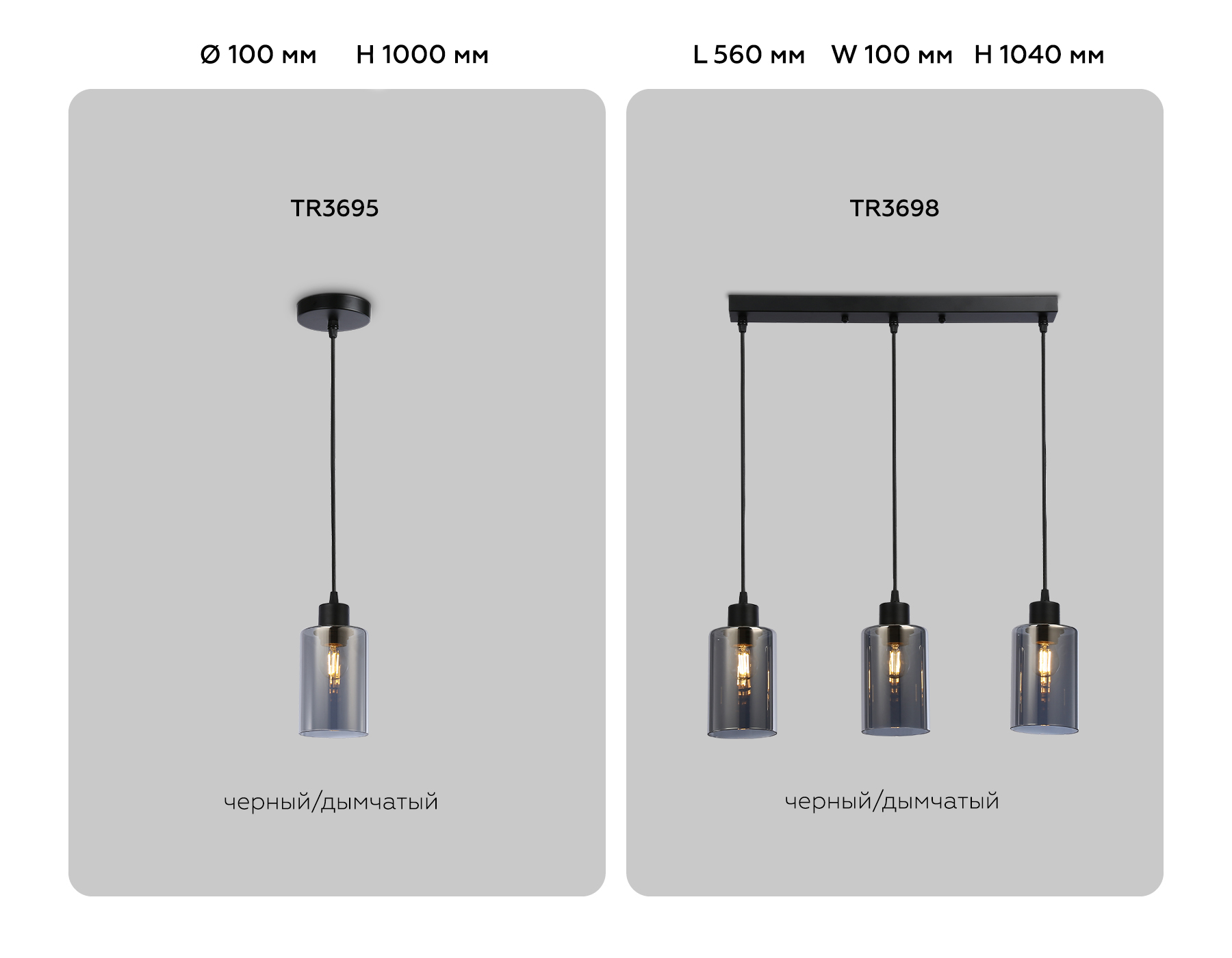 Подвесной светильник в стиле лофт TR3695 BK/SM черный/дымчатый E27 max 40W D100*1000