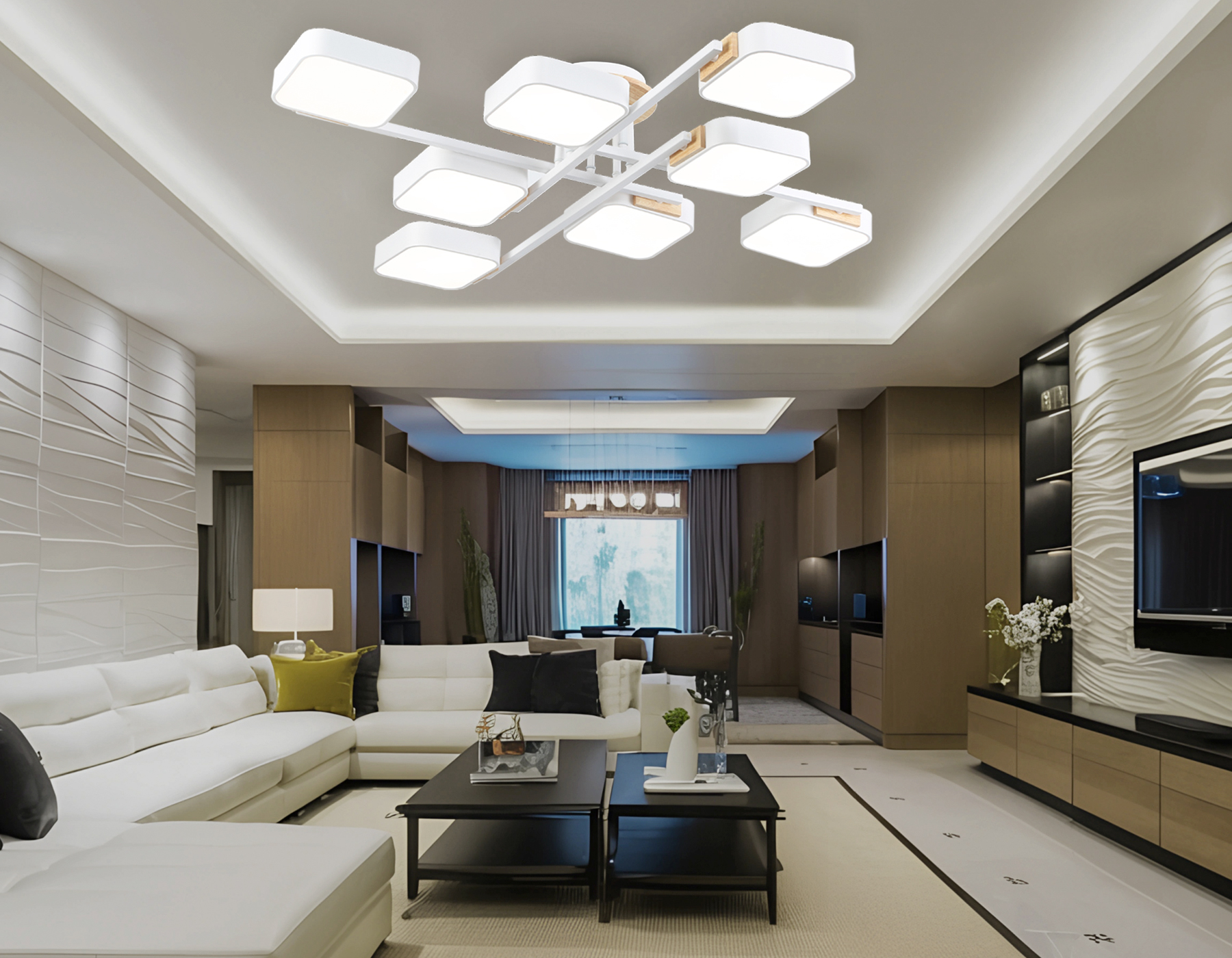 Люстра светодиодная на штанге FL4888/8 WH/WD белый/дерево 144W 3000-6000K 960*960*160 (без ПДУ)