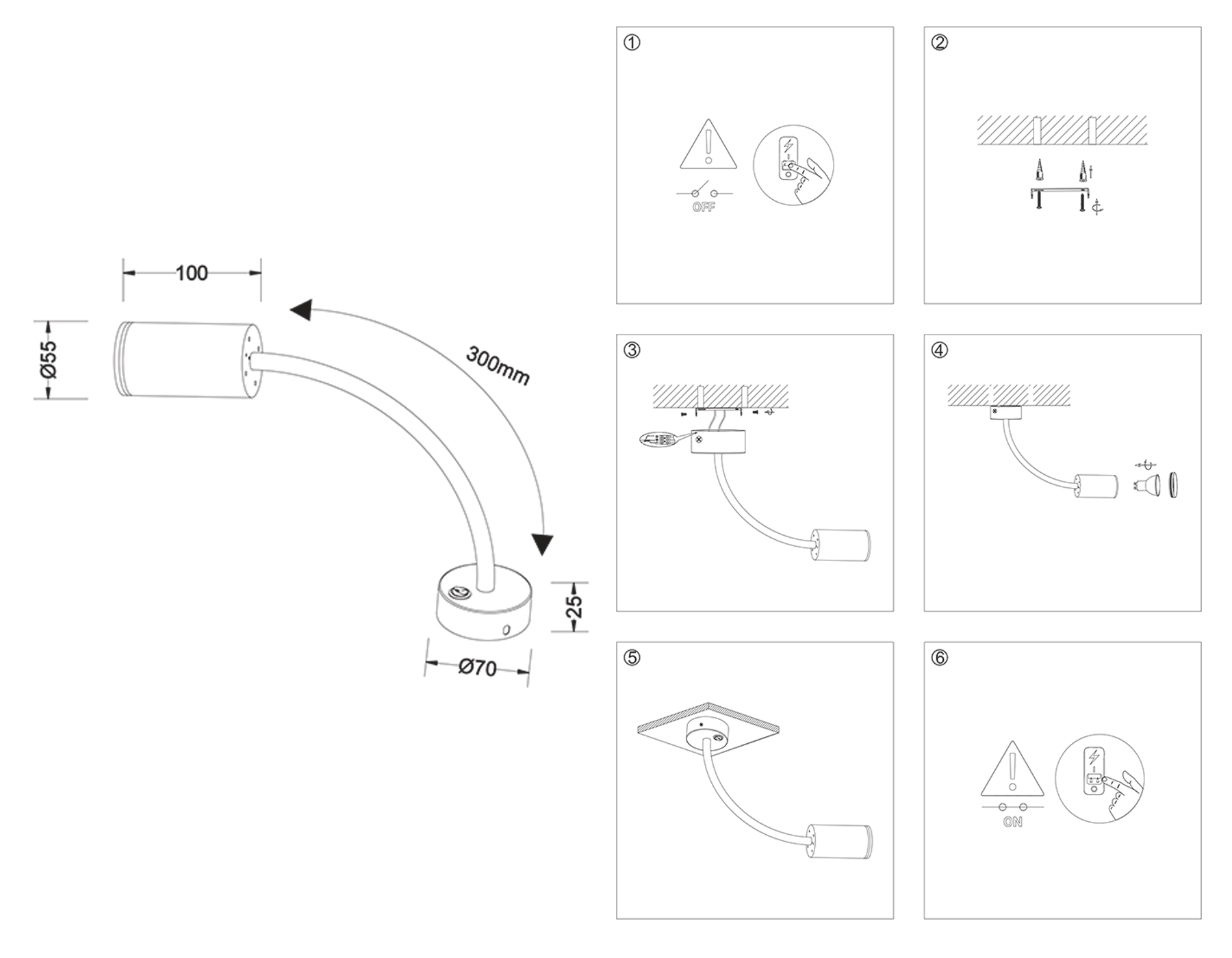 Светильник настенно-потолочный гнущийся с выключателем FW2470 BK черный GU10 max 12W D55*L100*H300