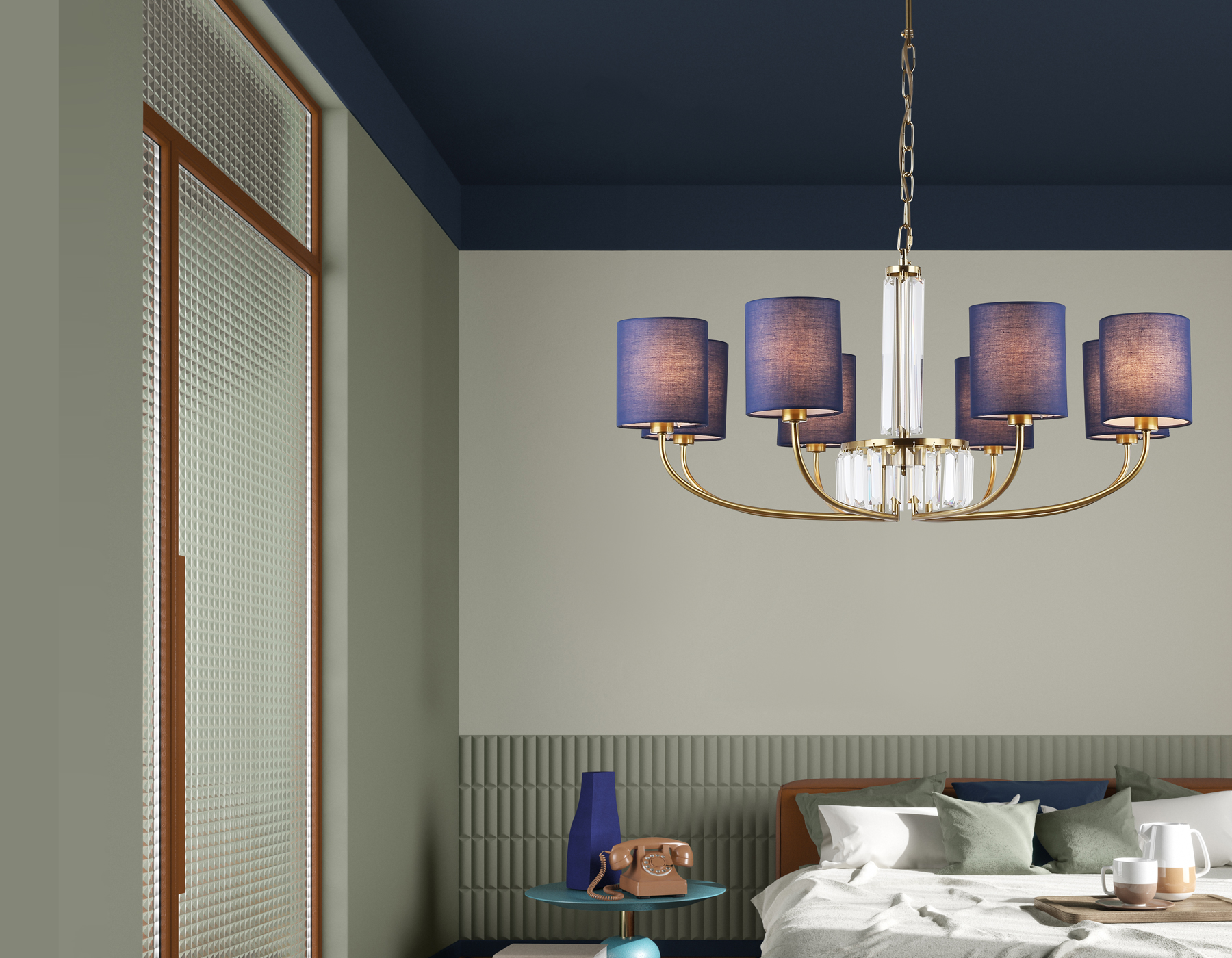 Подвесная люстра с абажурами и хрусталем LH71273/8 BS/DB латунь/темно синий E14/8 max 40W D820*840