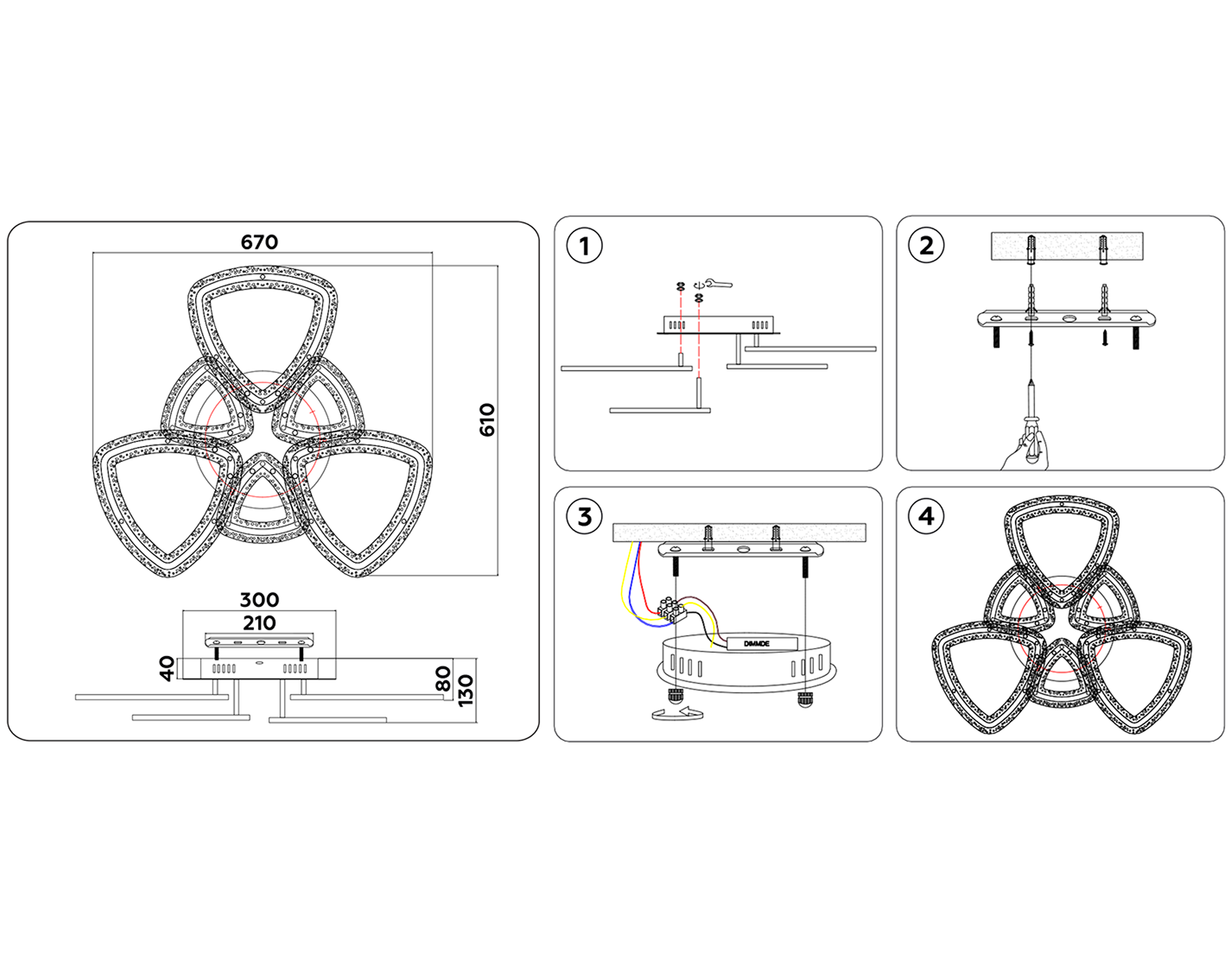 Управляемый потолочный светодиодный светильник FA8861/3+3 CH хром 153W 3000K+6400K/3000K/6400K/4200K+4200K 670*610*130 (ПДУ РАДИО 2.4G)