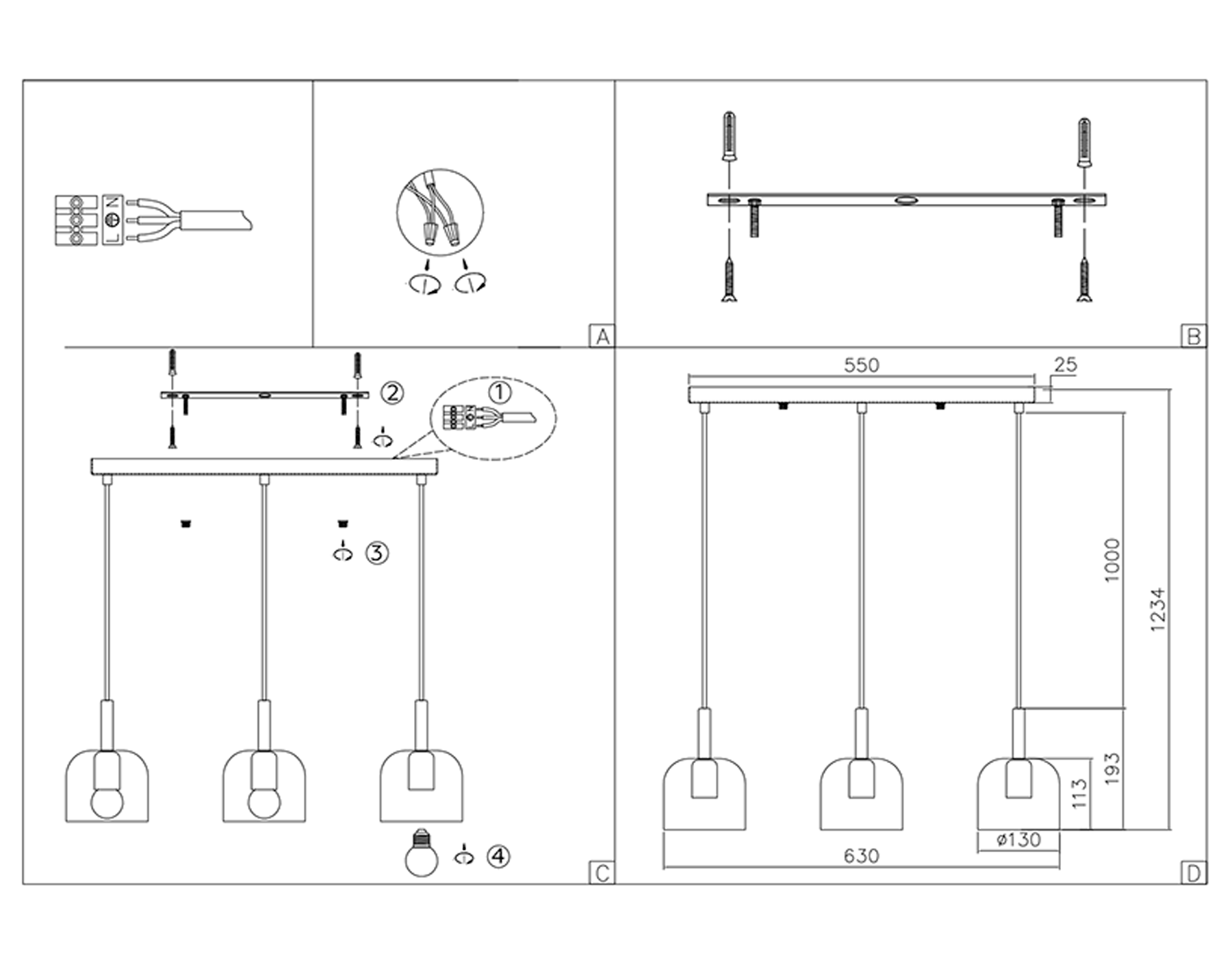 Светильник подвесной TR97118/3 GD/BK золото/черный E27*3 max 40W D130*113*1200