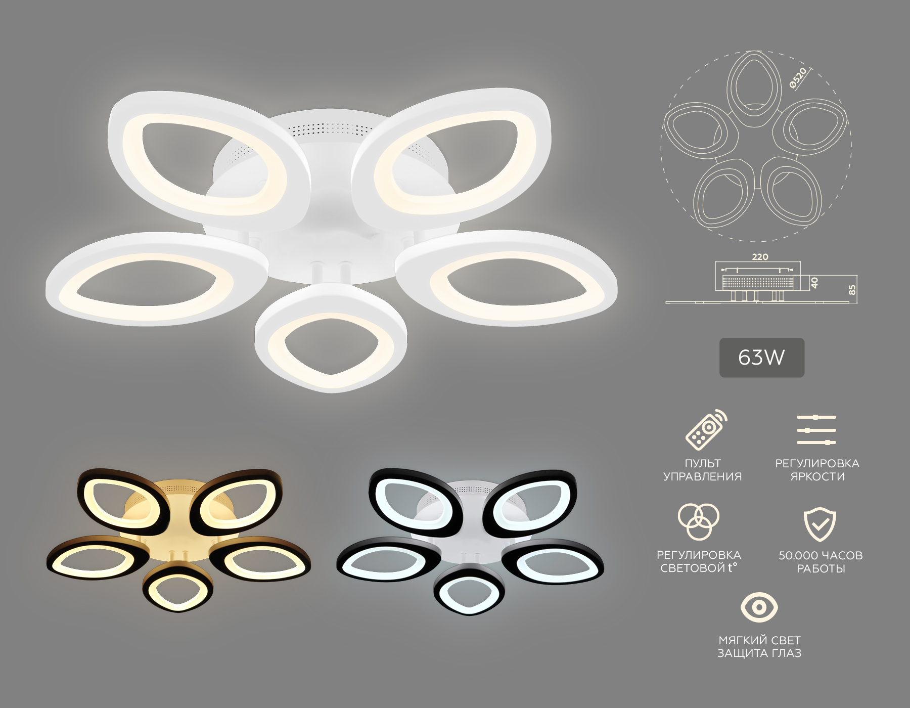 Потолочный светодиодный светильник с пультом FA4492/5 WH белый 4200K/3000K/6400K 63W D520*85 (ПДУ ИК)