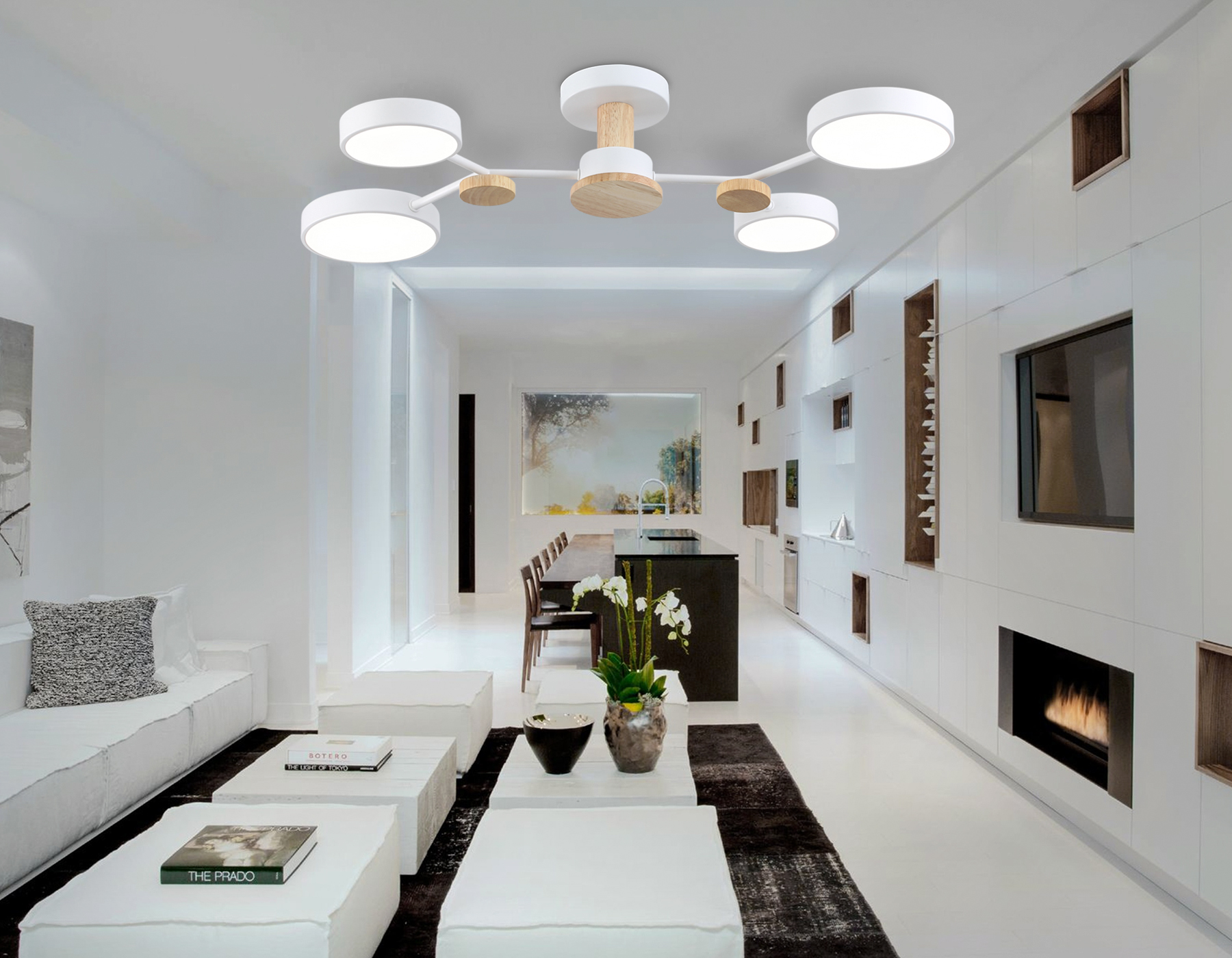 Люстра светодиодная на штанге FL4858/4 WH/WD белый/дерево 60W 3000-6000K 700*400*120 (без ПДУ)