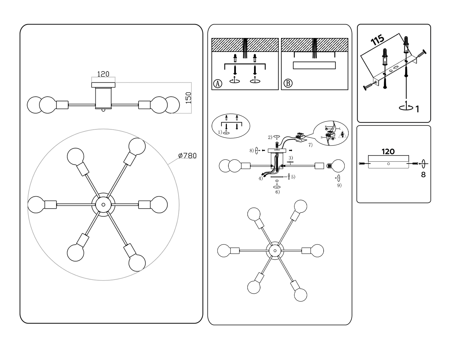 Потолочный светильник в стиле лофт TR80402/6 BK черный E27/6 max 60W D780*150