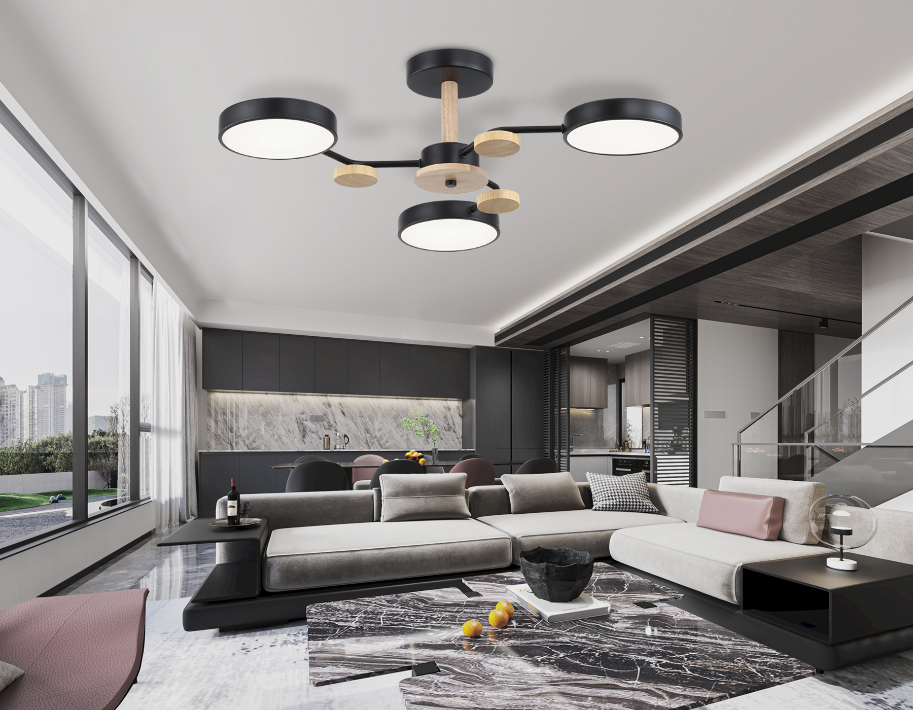 Люстра светодиодная на штанге FL4857/3 BK/WD черный/дерево 54W 3000-6000K D660*170 (без ПДУ)