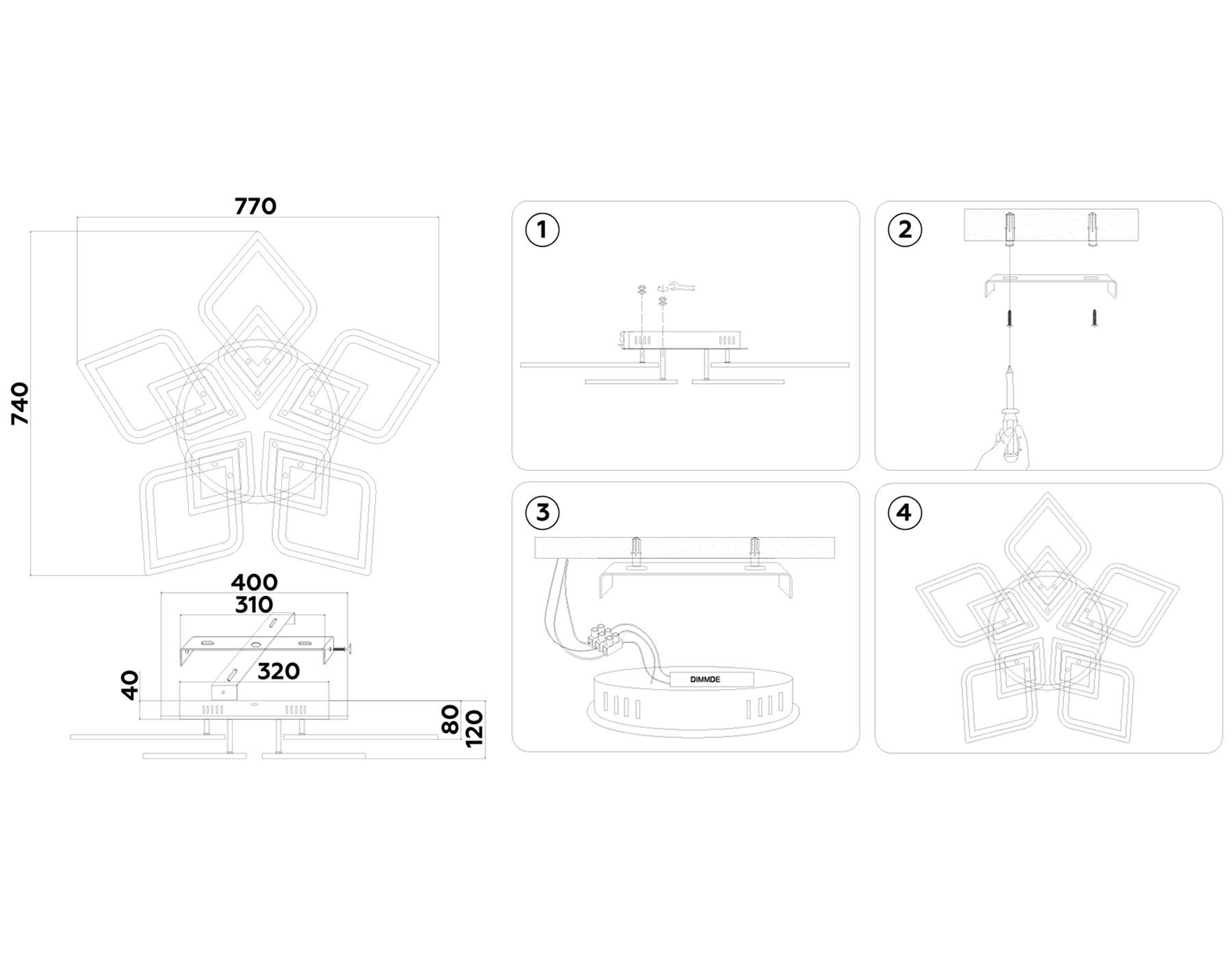 Потолочный светодиодный светильник с пультом FA8914/5+5 WH/CH белый/хром 193W 3000K-6400K 770*740*120 (ПДУ РАДИО 2.4G)