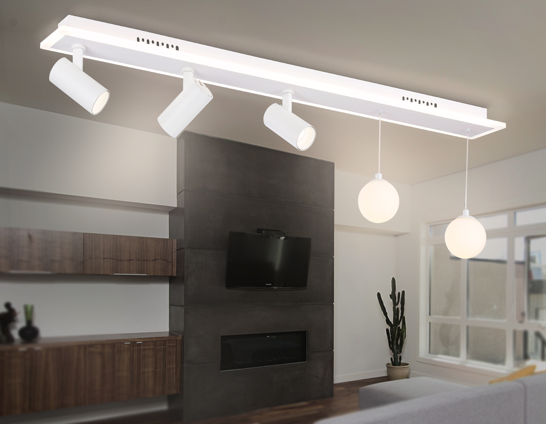 Потолочный светодиодный светильник со сменной лампой и пультом управления FL66201/1+5 WH белый 67W 3000K-6400K+G9/2 1000*100*400 (ПДУ ИК)