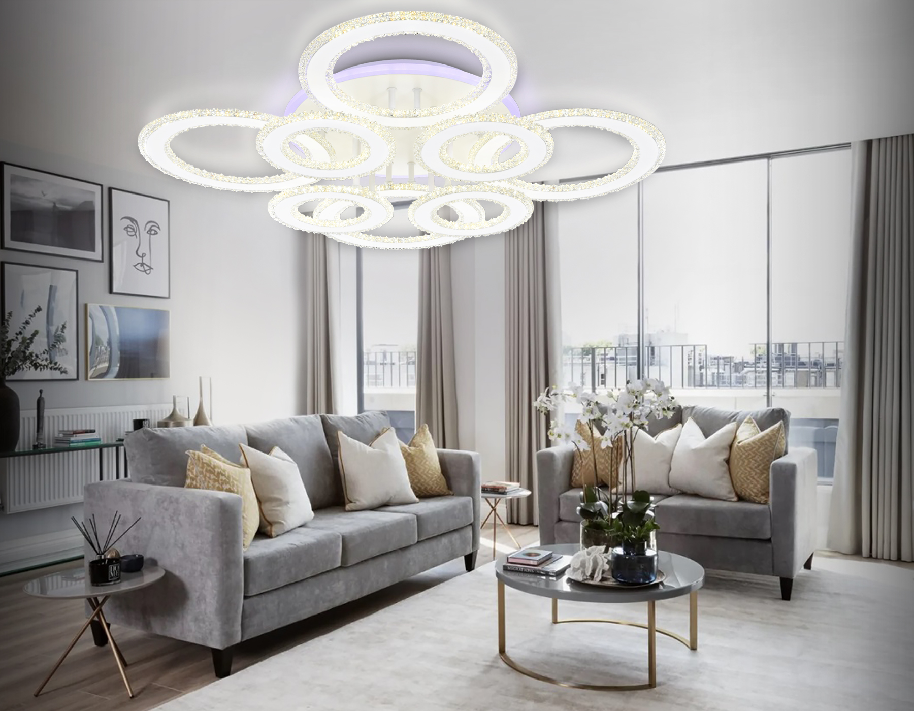 Управляемый потолочный светодиодный светильник FA8854/4+4 WH белый 208W 3000K+6400K/3000K/6400K/4200K+4200K 750*750*120 (ПДУ РАДИО 2.4G)