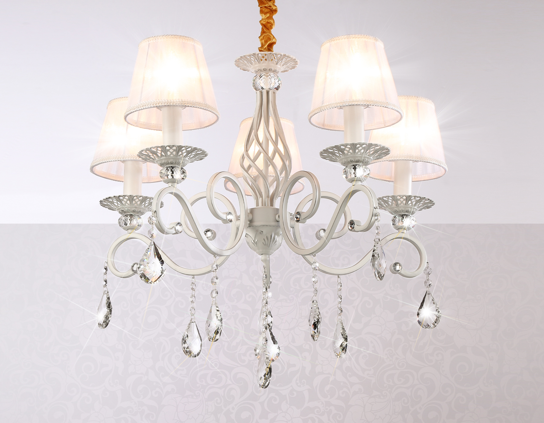 Подвесная люстра с абажурами и хрусталем TR4547/5 WH/SL белый/серебро E14/5 max 40W D565*500