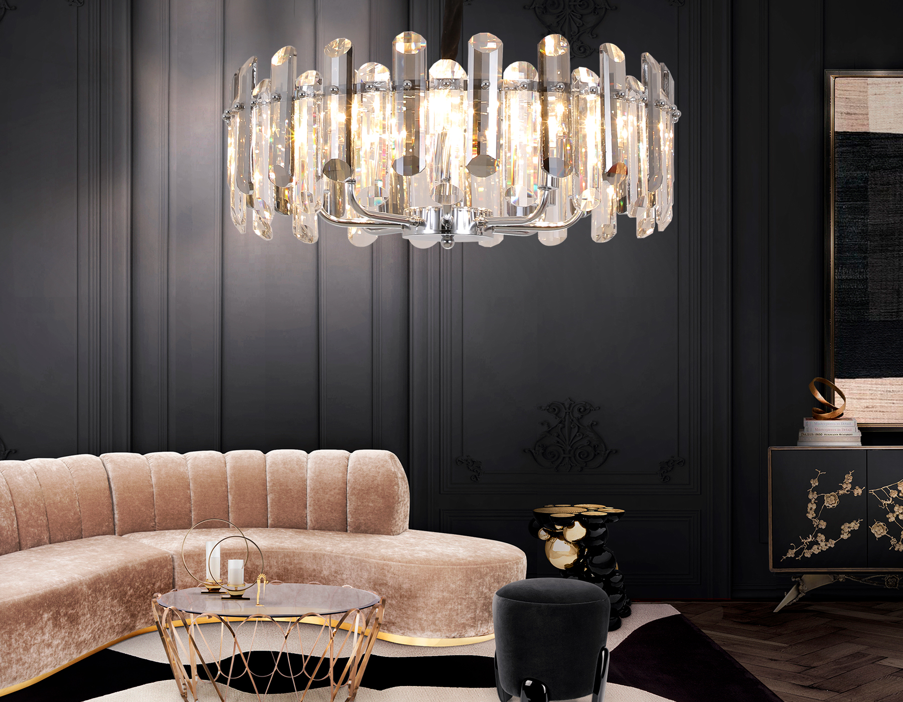 Подвесная хрустальная люстра TR5303/8 CH/SM хром/дымчатый E14/8 max 40W D500*615