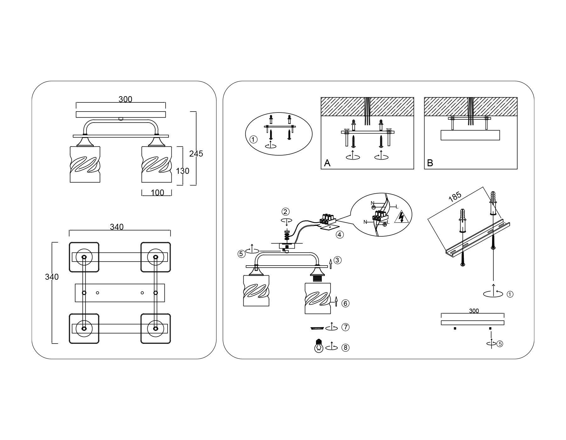 Светильник потолочный со стеклянными плафонами TR3033249/4 BK/WD черный/дерево E27/4 max 60W 340*340*245