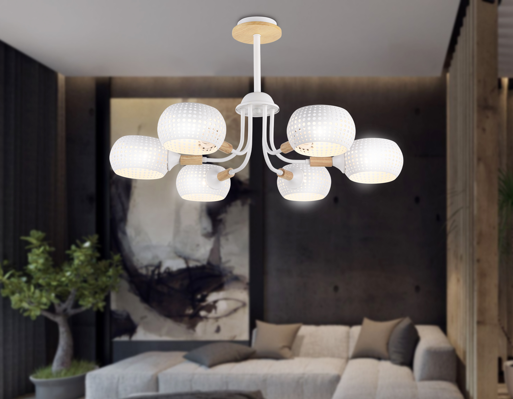 Подвесная люстра TR80166/6 WH/LWD белый/светлое дерево E14/6 max 40W D690*370