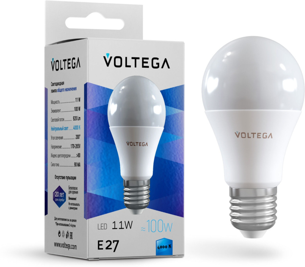 Лампочка светодиодная груша E27 4000K 1000lm 5738 (voltega_vg2-a2e27cold11w)