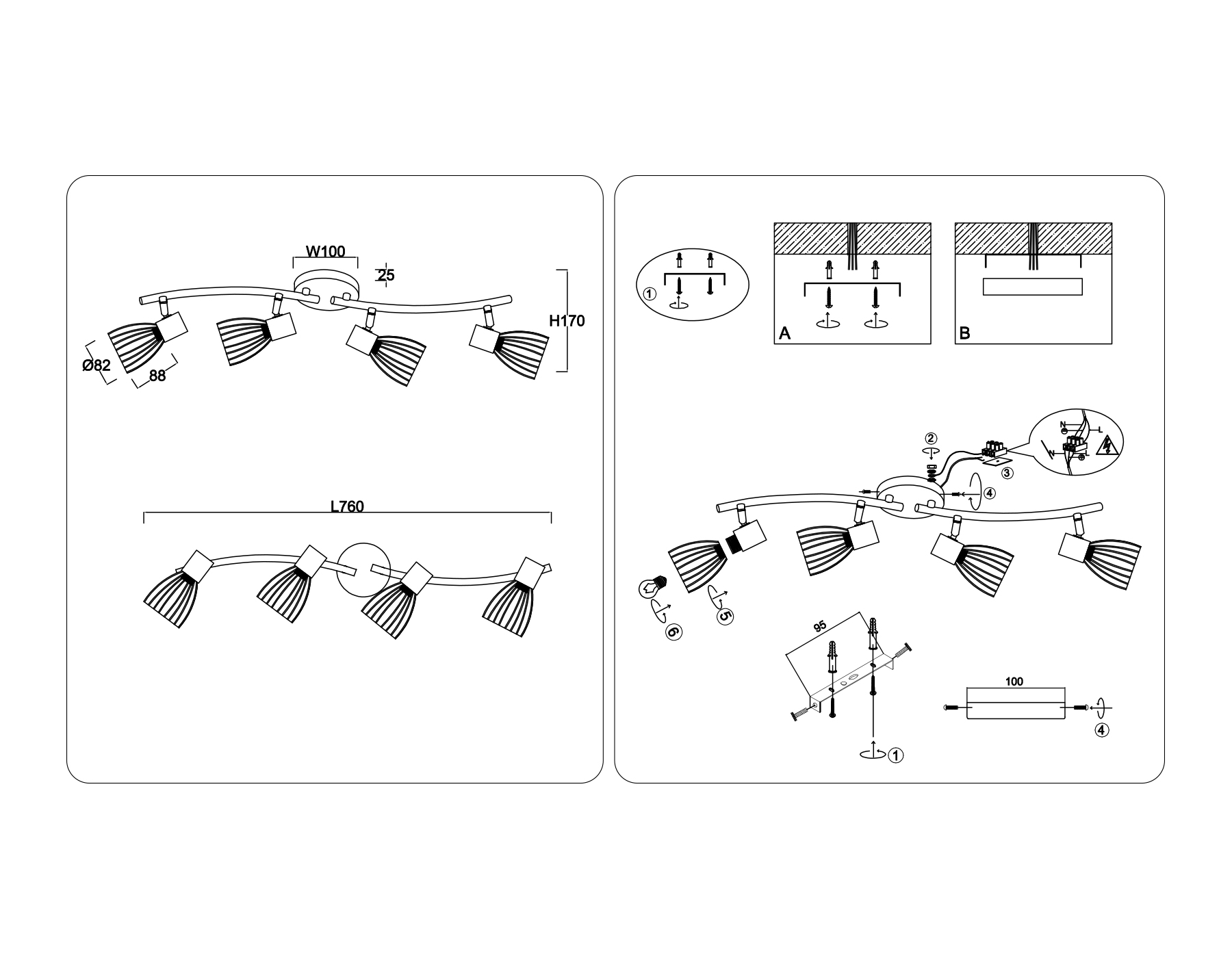 Настенно-потолочный спот в стиле лофт TR8662/4 BK/GD черный/золото E14/4 max 60W 760*100*170