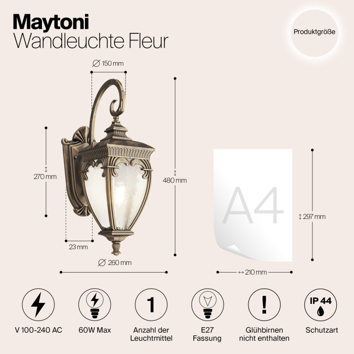 Настенный уличный фонарь IP44 Maytoni Fleur O414WL-01GB (o414wl-01gb)