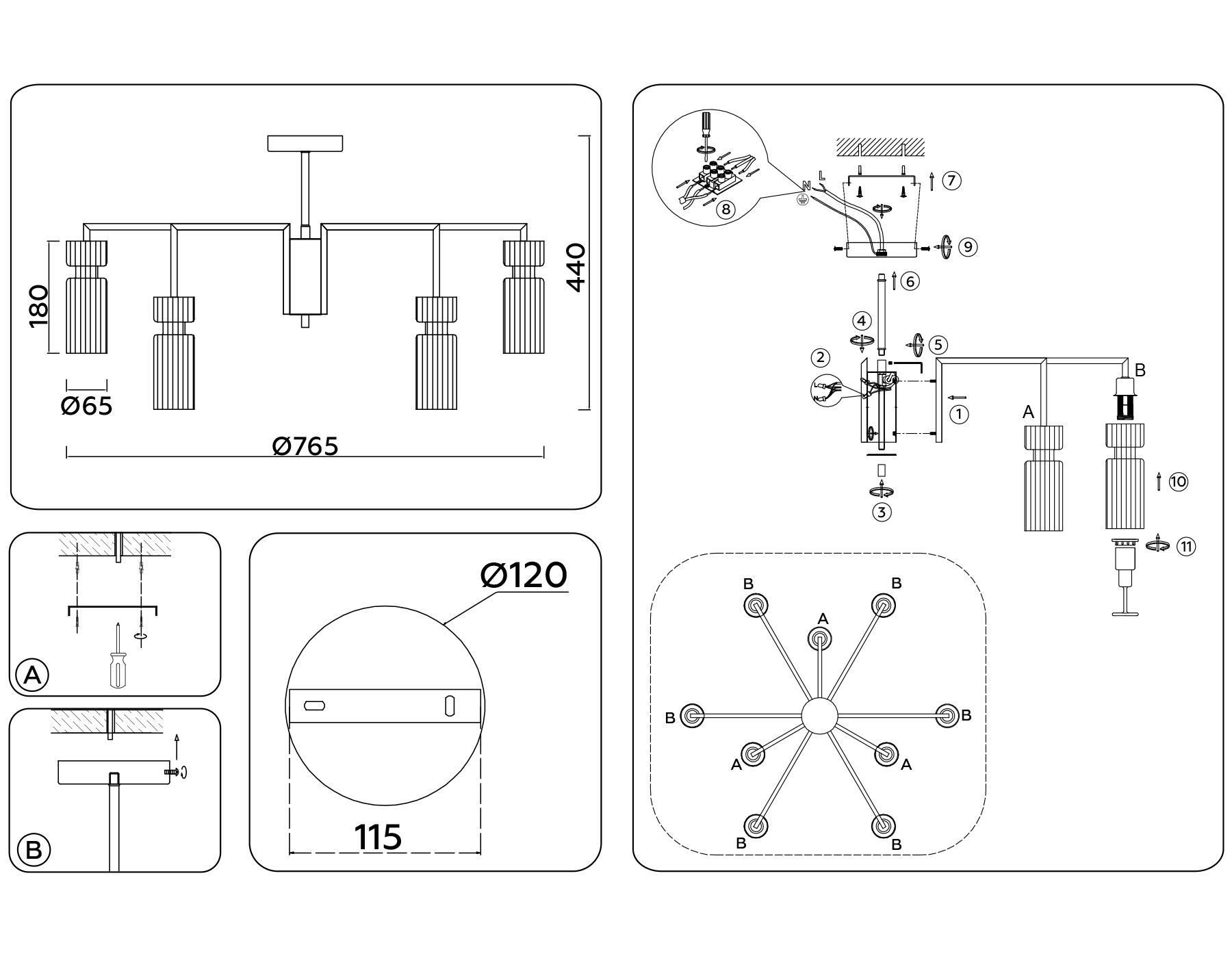 Люстра на штанге LH56117/9 BK/BS/CL черный/латунь/прозрачный E14*9 max 40W D765*440