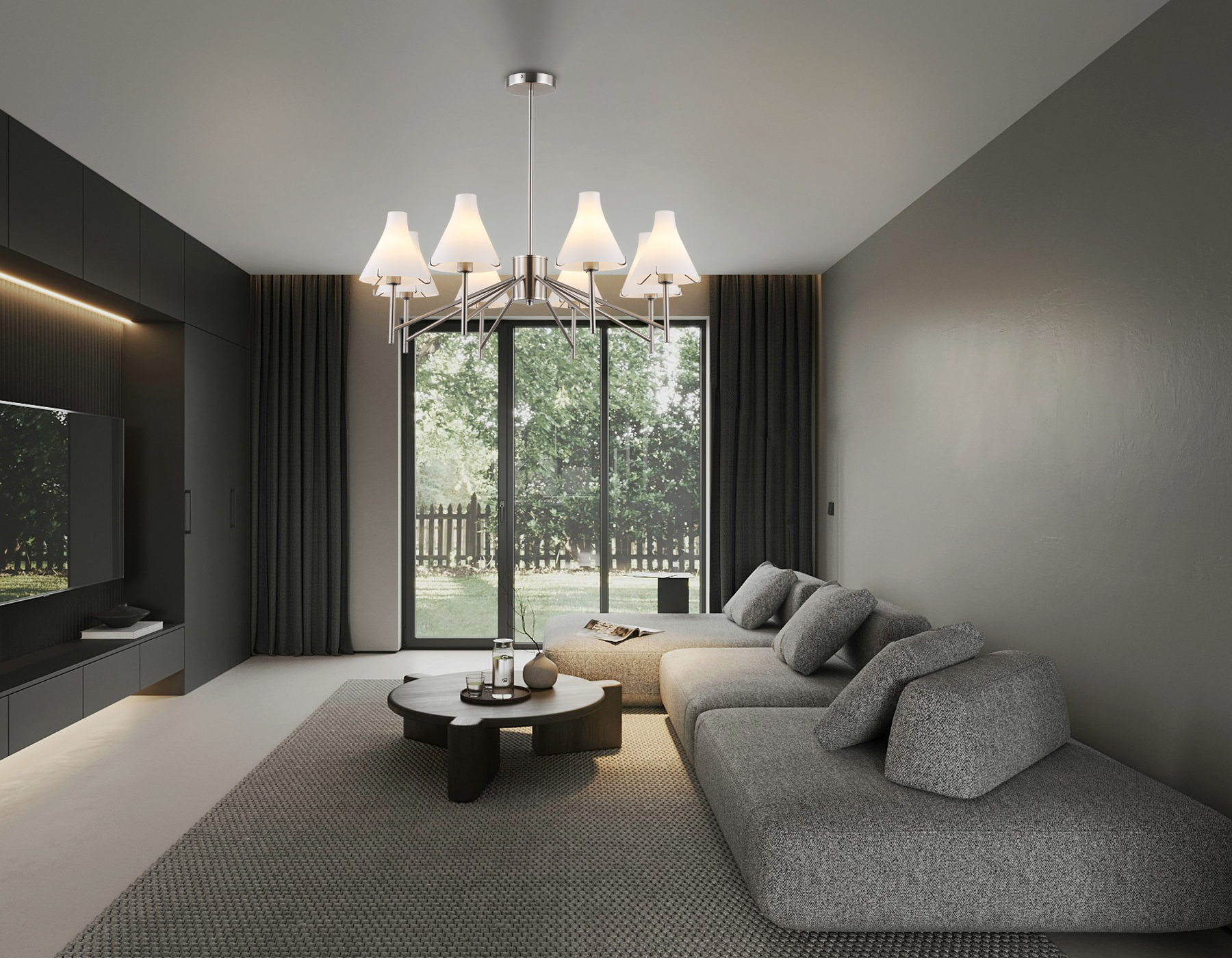 Люстра со стеклянными плафонами на штанге LH57125/8 SN/FR никель/белый матовый E14/8 max 40W D800*650