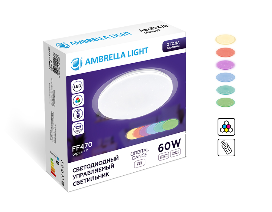 Светодиодный светильник c подсветкой RGB FF470 WH белый 60W D450*70 (ПДУ ИК)