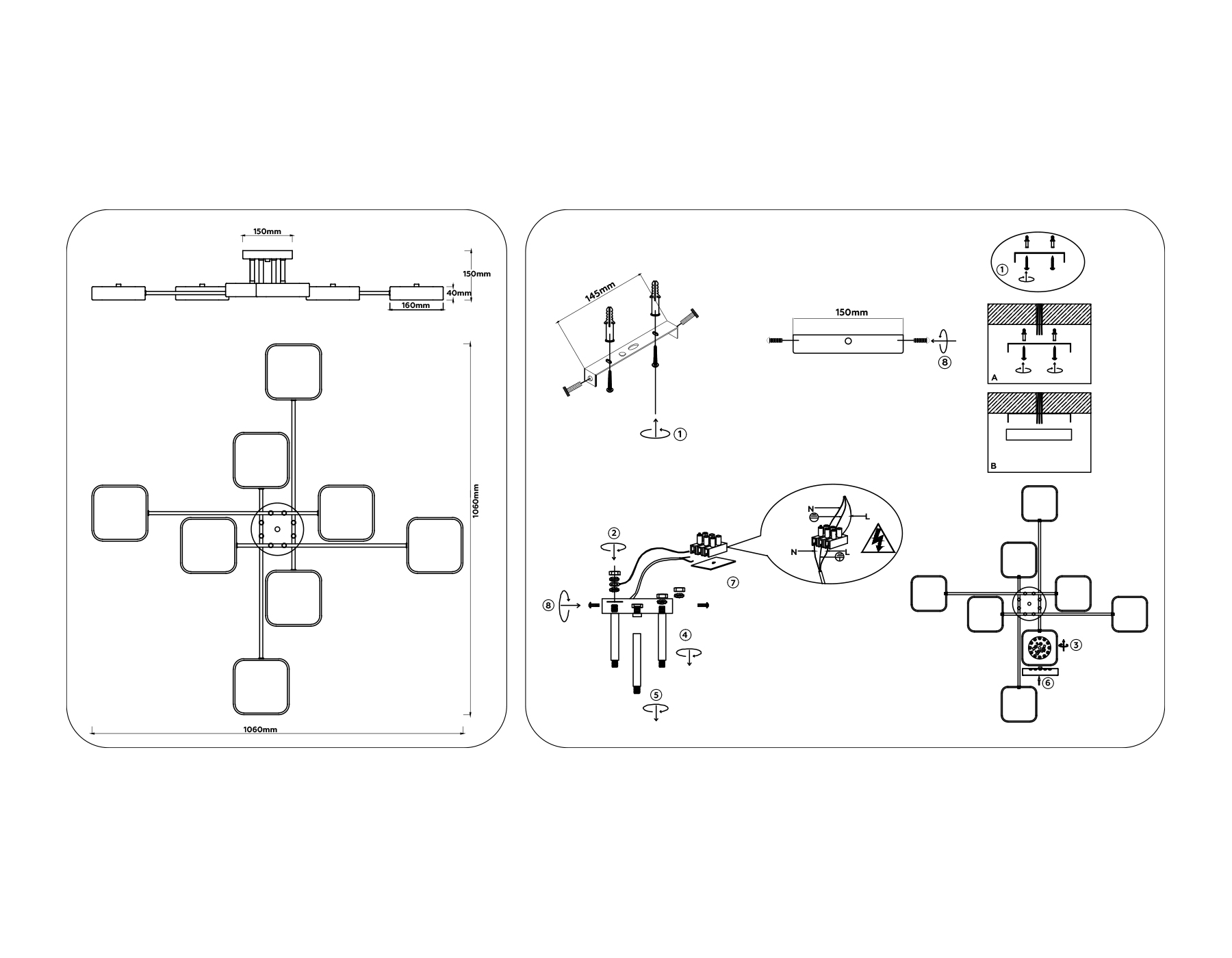 Люстра светодиодная на штанге FL516348/8 BK/GD черный/золото 144W 3000-6000K 1060*1060*150 (без ПДУ)