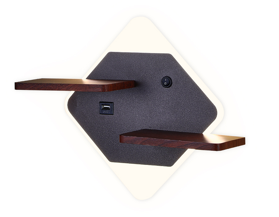 Настенный светодиодный светильник с выключателем, USB портом и полкой FW101 CF/WD кофе/дерево LED 3000K/4200K/6400K 12W 340*250*105