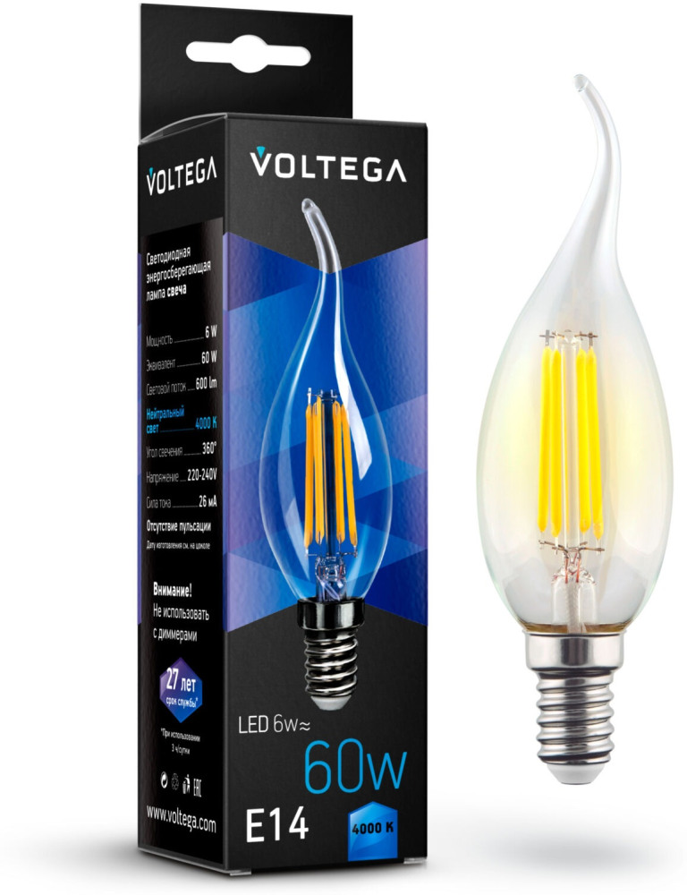 Лампочка светодиодная 4000K 600Lm E14x6W CRYSTAL 7018 (voltega_7018)