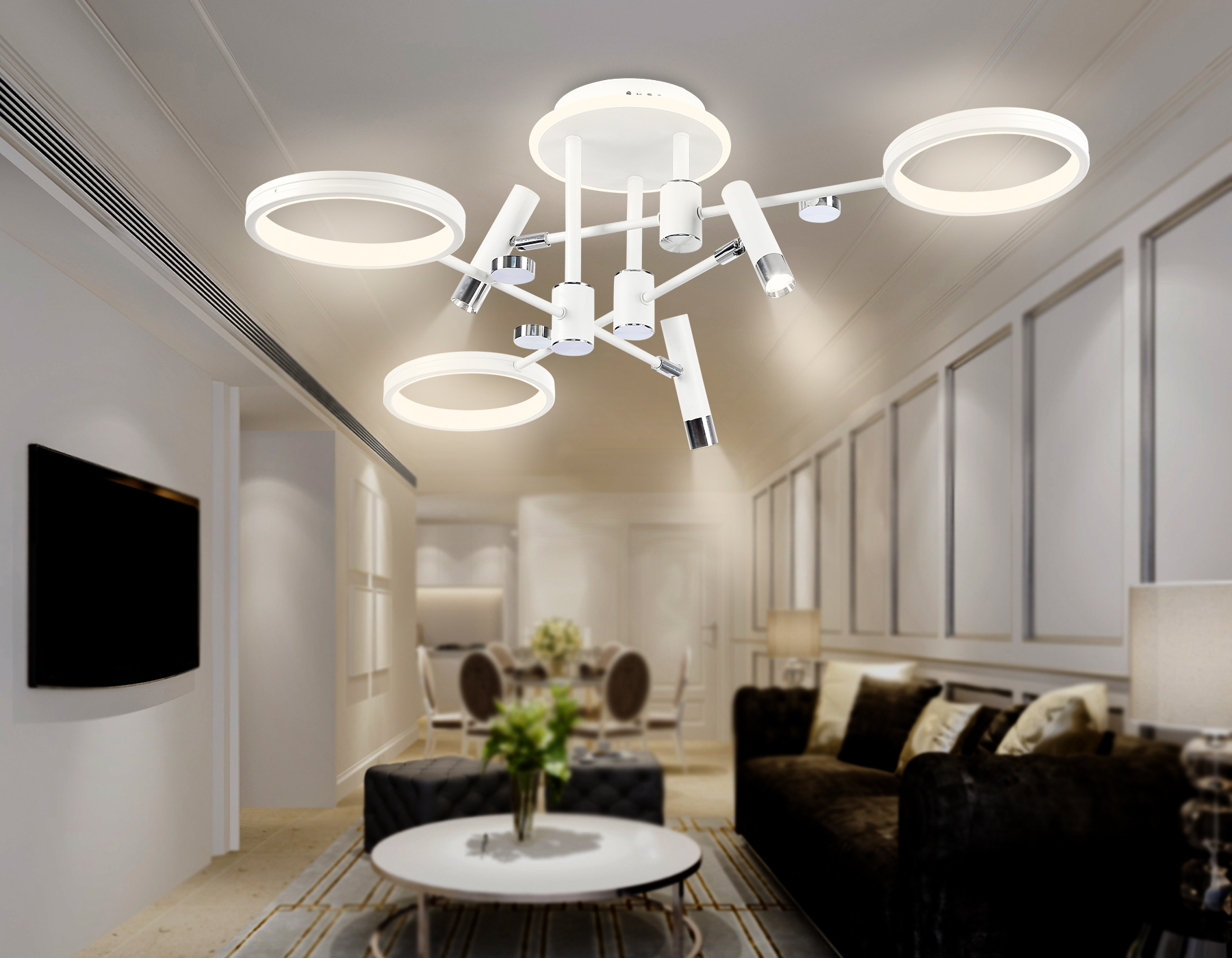 Потолочный светодиодный светильник с пультом управления FL51646/3+3 WH/CH белый/хром 76W 3000K-6400K D700*300 (ПДУ ИК)