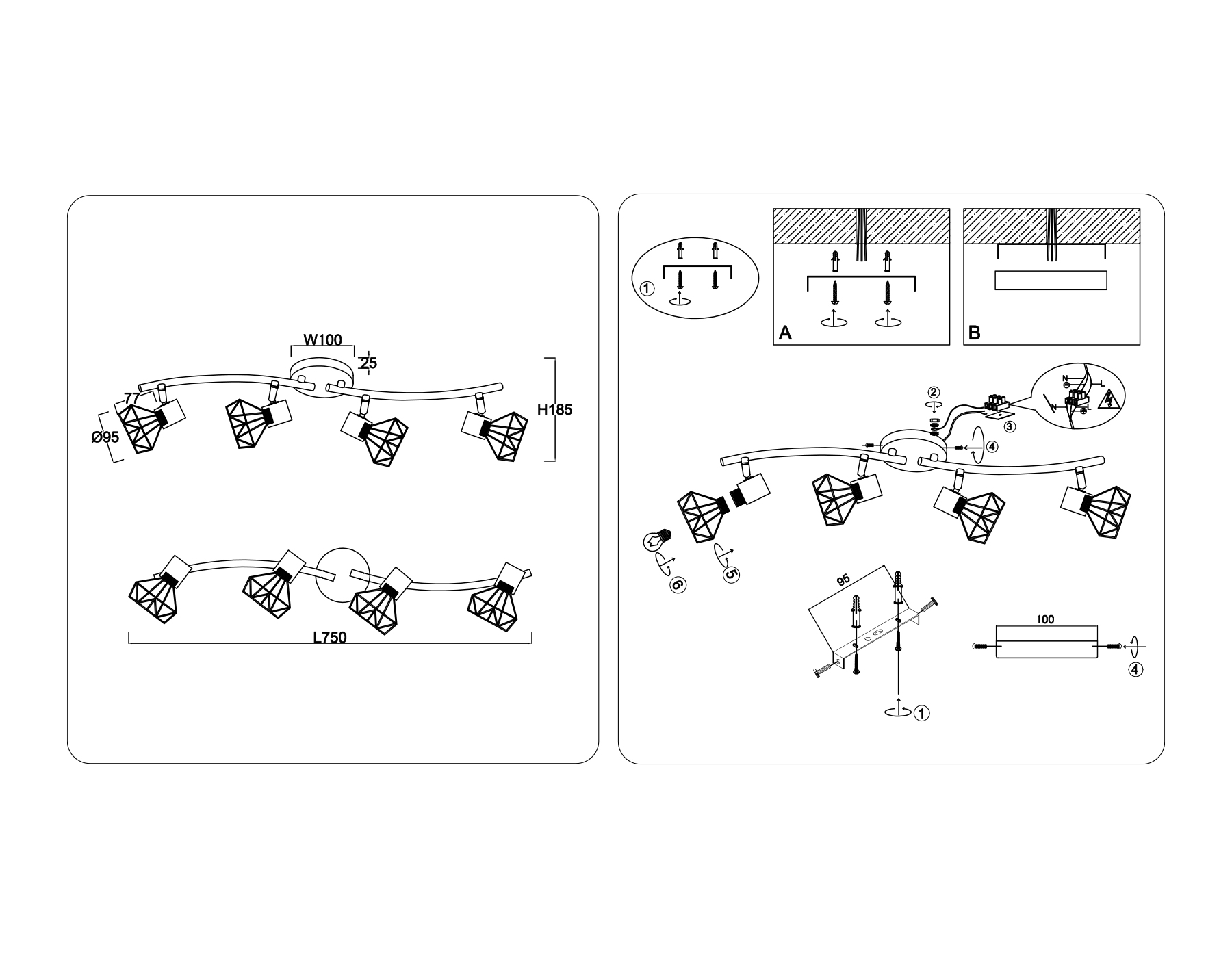 Настенно-потолочный спот в стиле лофт TR8658/4 BK/GD черный/золото E14/4 max 60W 750*100*185