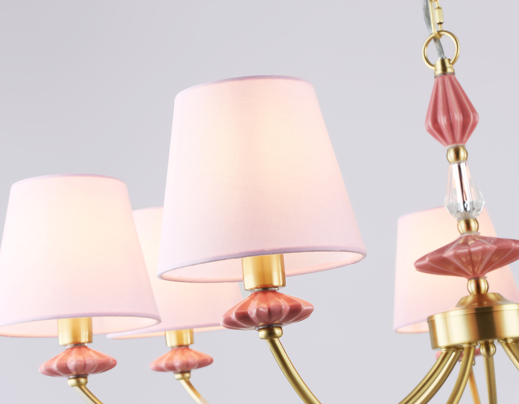 Подвесная люстра с абажуром и декором из керамики LH75025/7 GD/PI золото/розовый E14/7 max 40W D890*800