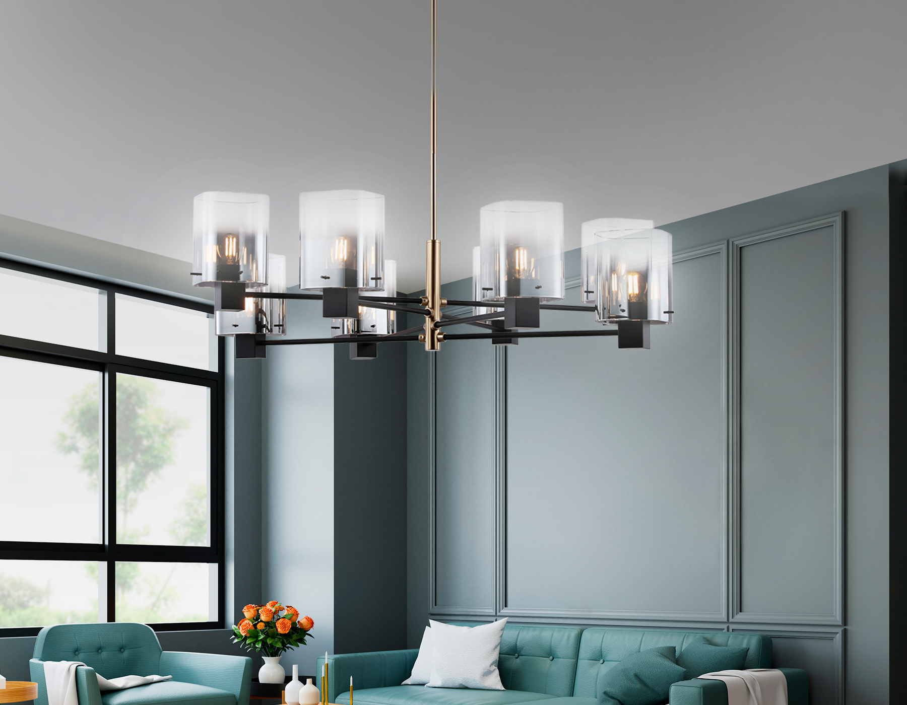 Подвесная люстра LH57043/8 BK/DBS/SM черный/темная латунь/дымчатый E14/8 max 40W D830*710