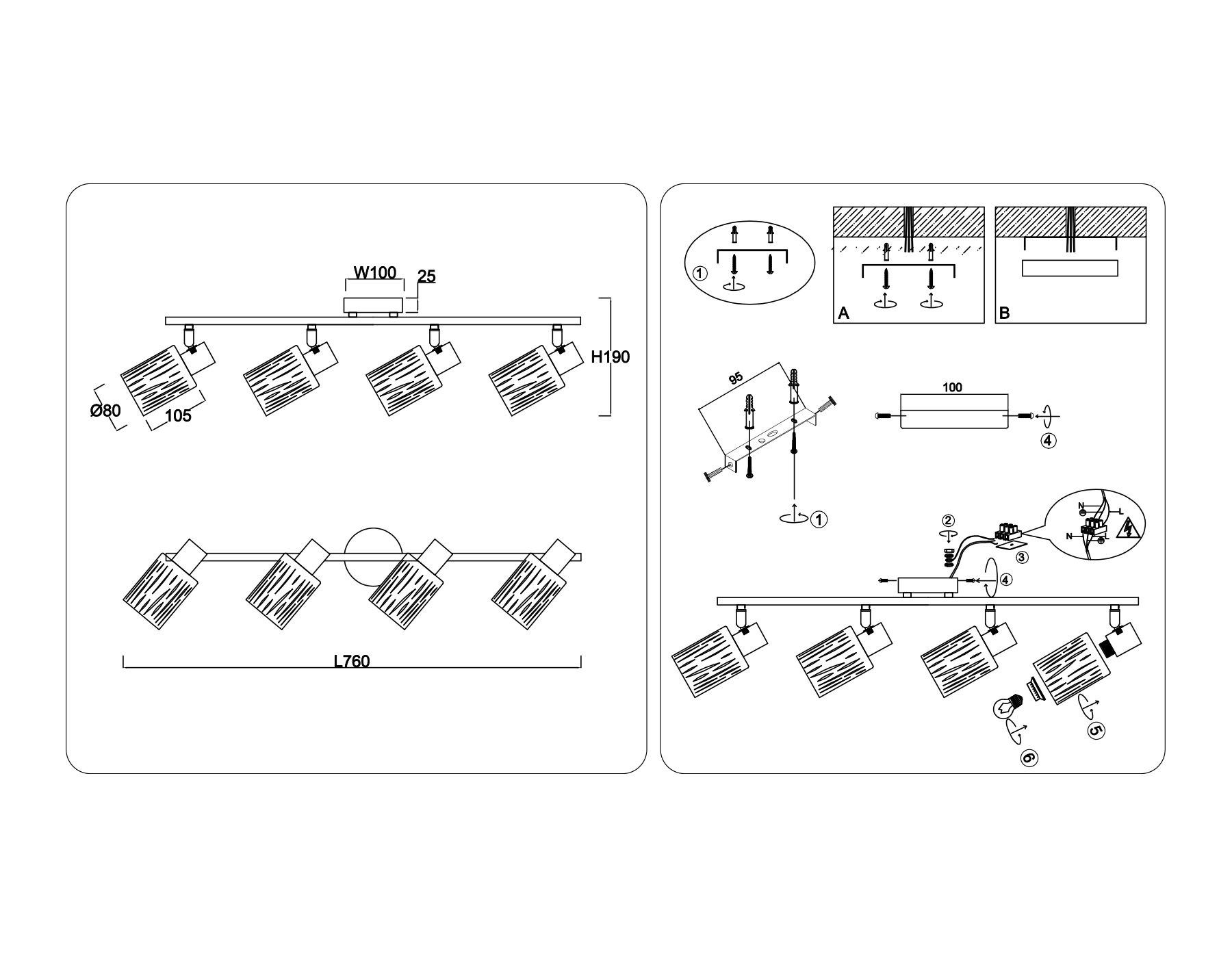 Настенно-потолочный спот в стиле лофт TR8670/4 BK/SB чёрный/бронза E14/4 max 60W 760*100*190