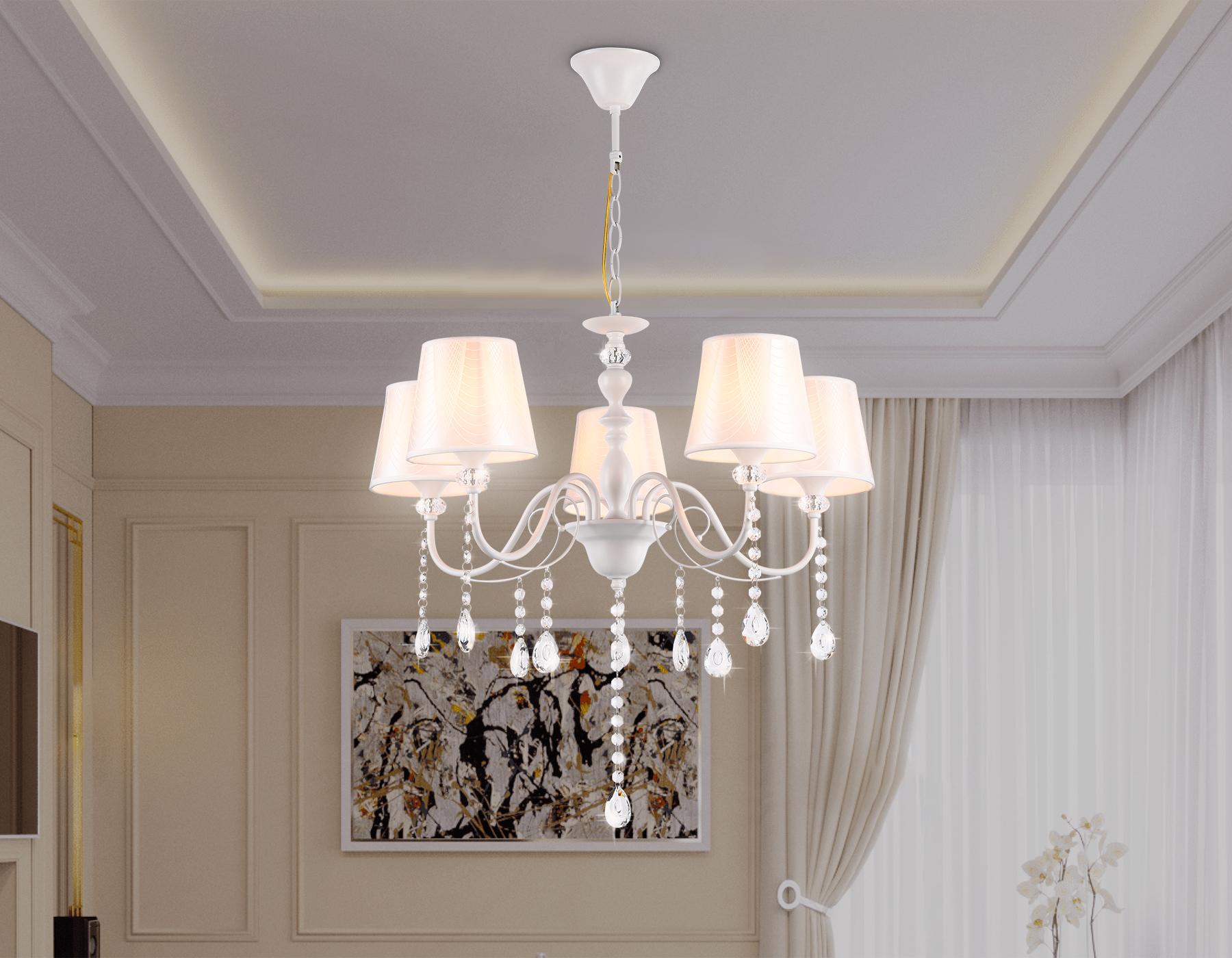 Подвесная люстра с абажуром и хрусталем TR4603/5 WH белый E27/5 max 40W D620*865