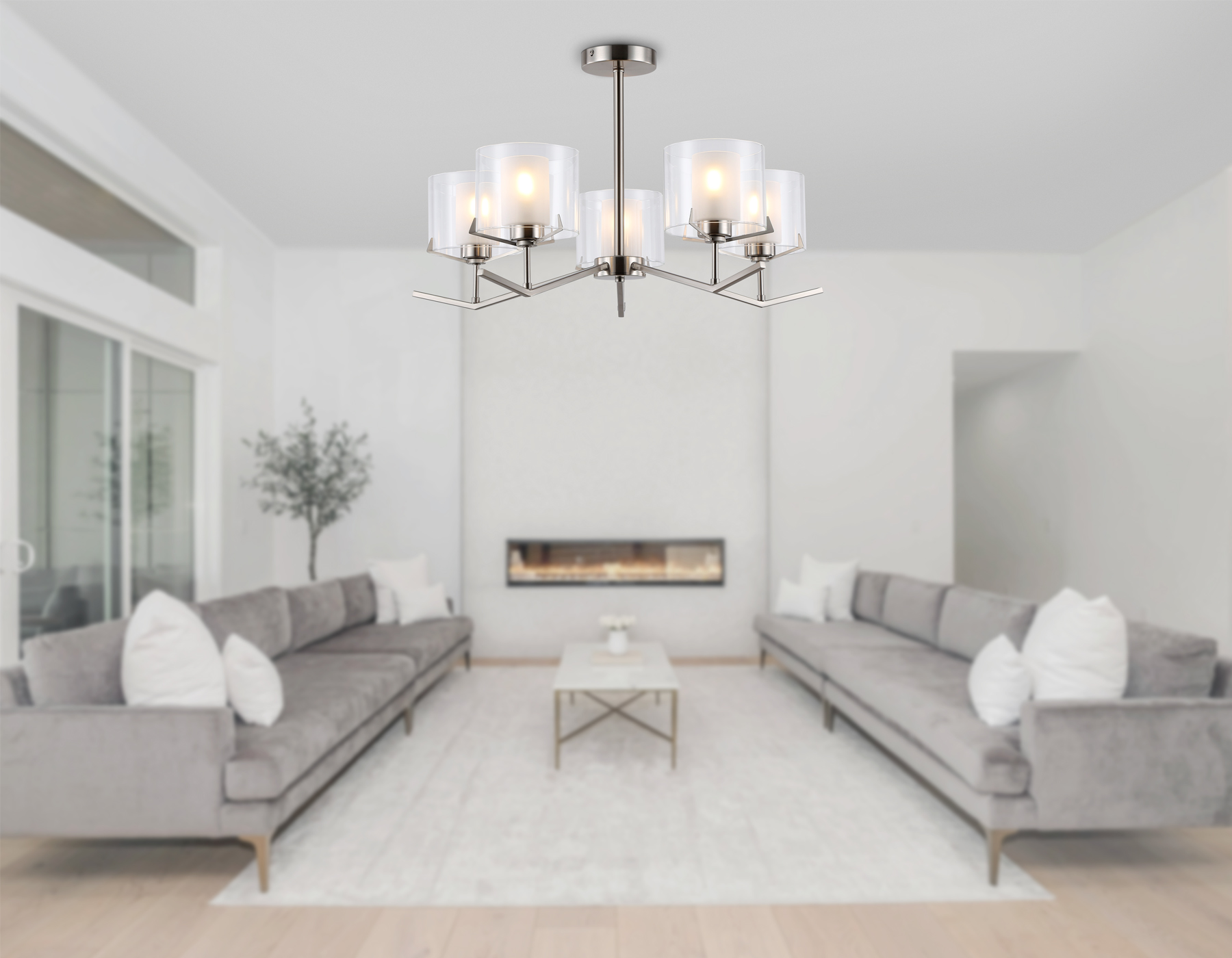 Люстра со стеклянными плафонами на штанге LH57001/5 SN/FR никель/белый матовый E14/5 max 40W D690*390