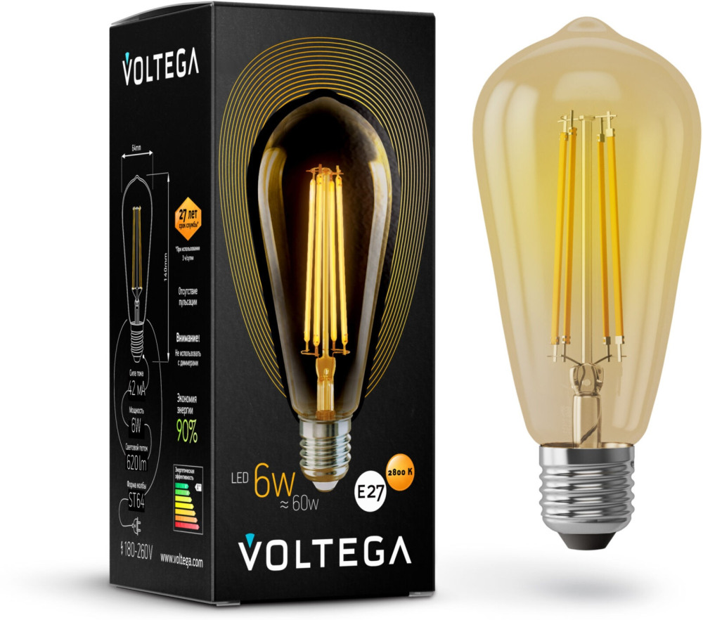 Лампочка светодиодная диммируемая колба E27 6W 2800K 480lm 5526 (voltega_5526)