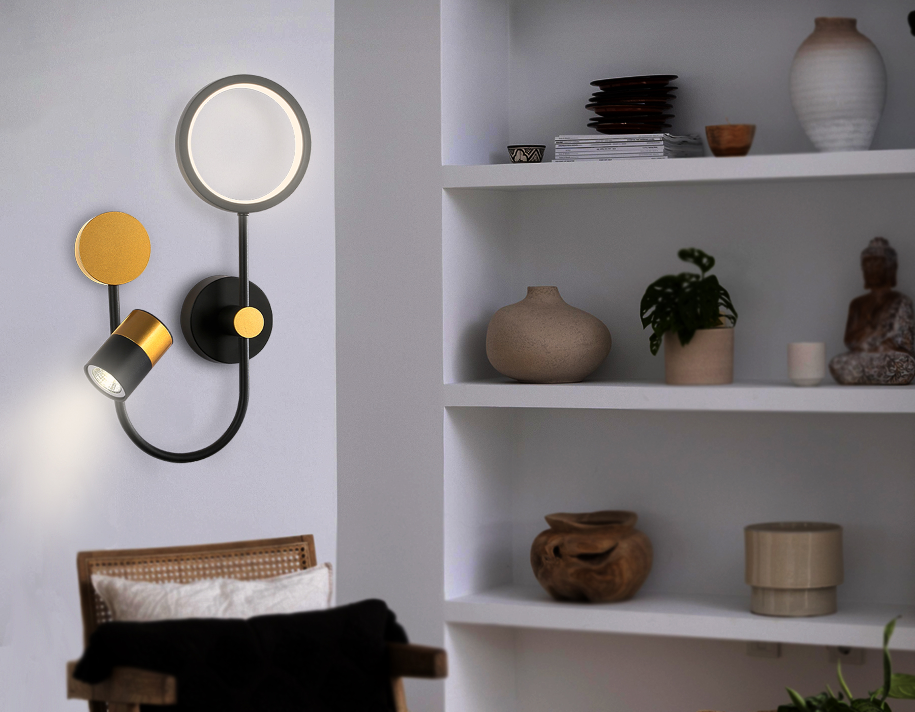 Настенный светодиодный светильник со сменной лампой FL51602/3 BK/GD черный/золото 11W 4200K+GU10 424*275*100