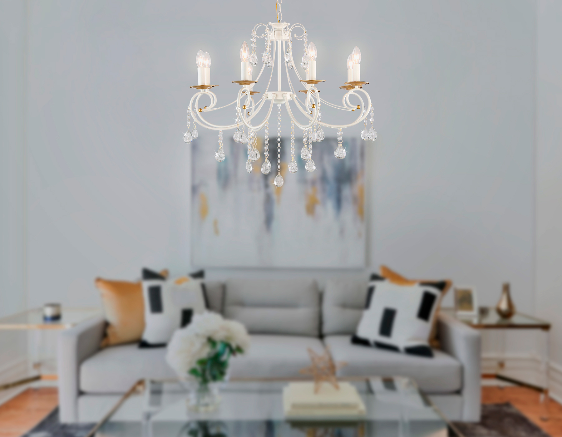 Подвесная люстра с хрусталем TR4917/8 WH/GD белый/золото E14/8 max 40W D740*930