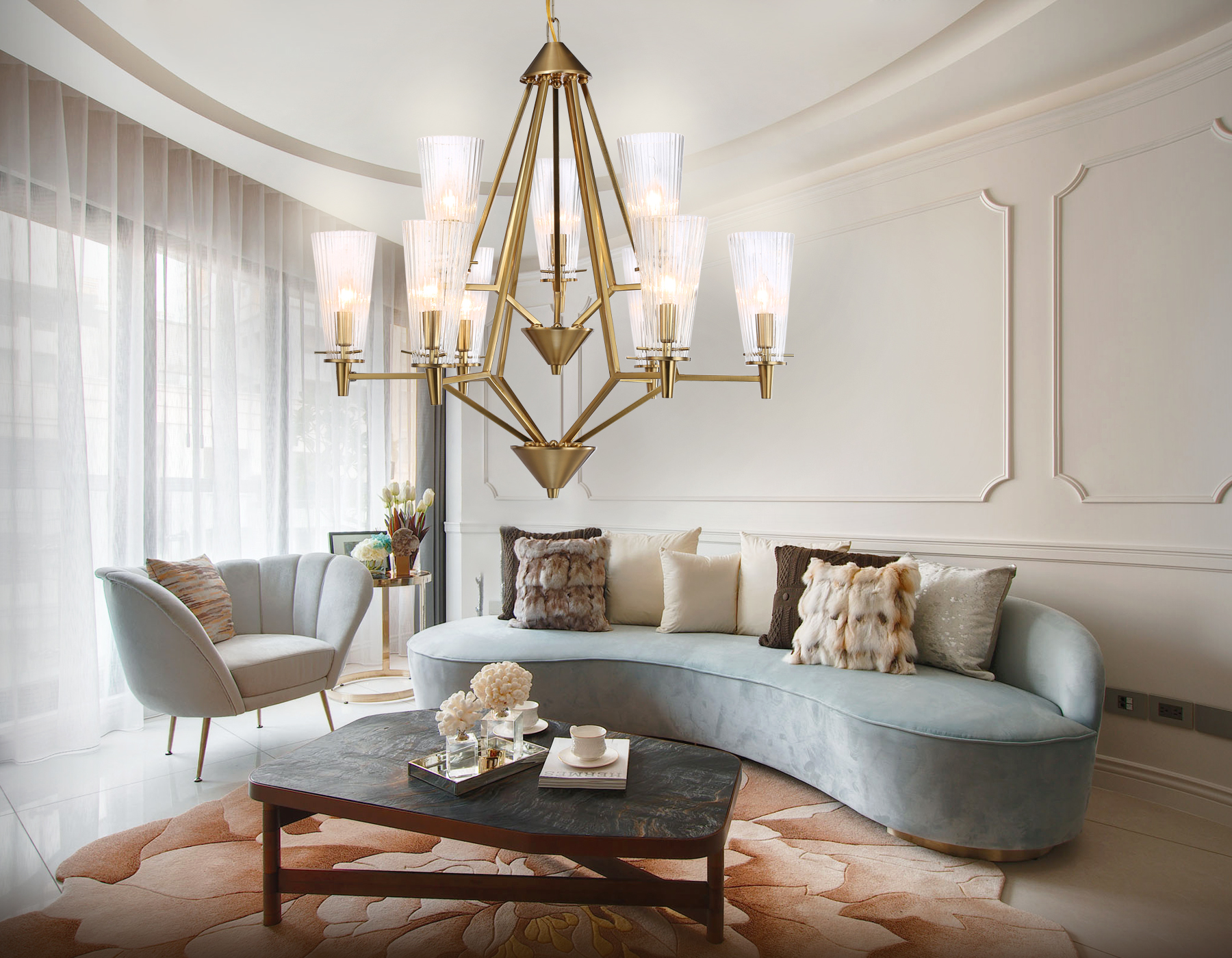 Подвесная люстра TR3233/6+3 BS/FR латунь/белый матовый E14*9 max 40W D730*720