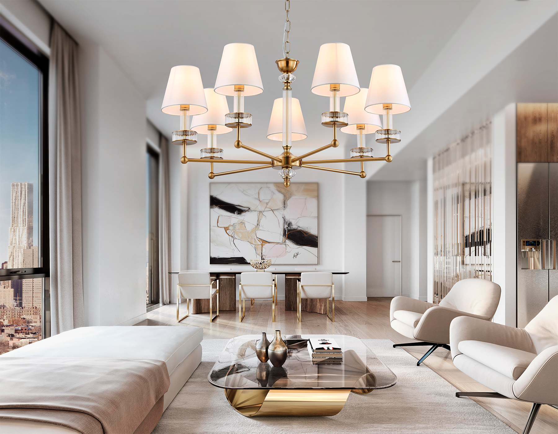 Подвесная люстра с абажурами и хрусталем LH71023/7 BS/WH латунь/белый E14*7 max 40W D820*1130