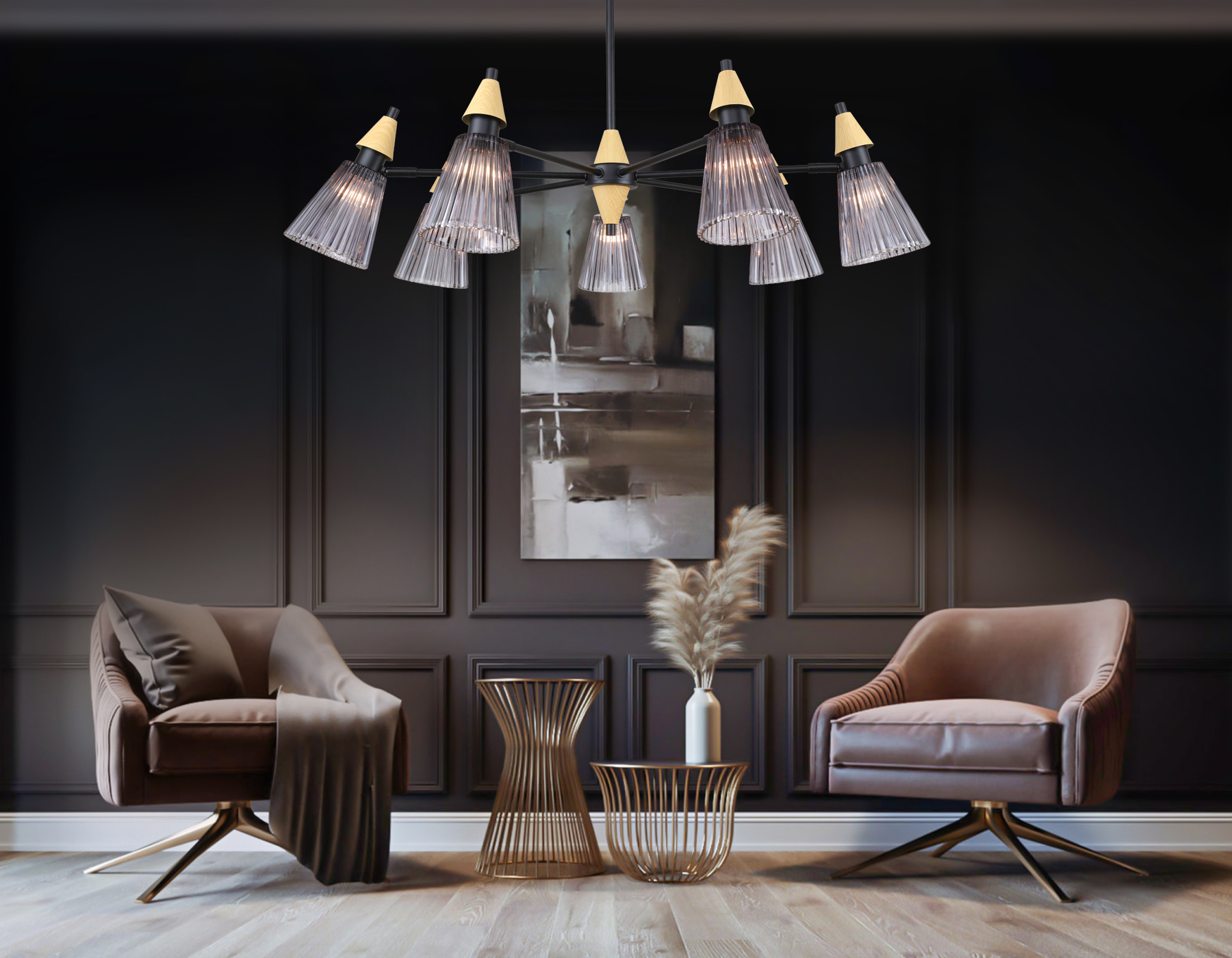 Люстра на штанге LH58116/7 BK/LW/SM черный/светлое дерево/дымчатый E14*7 max 40W D750*390