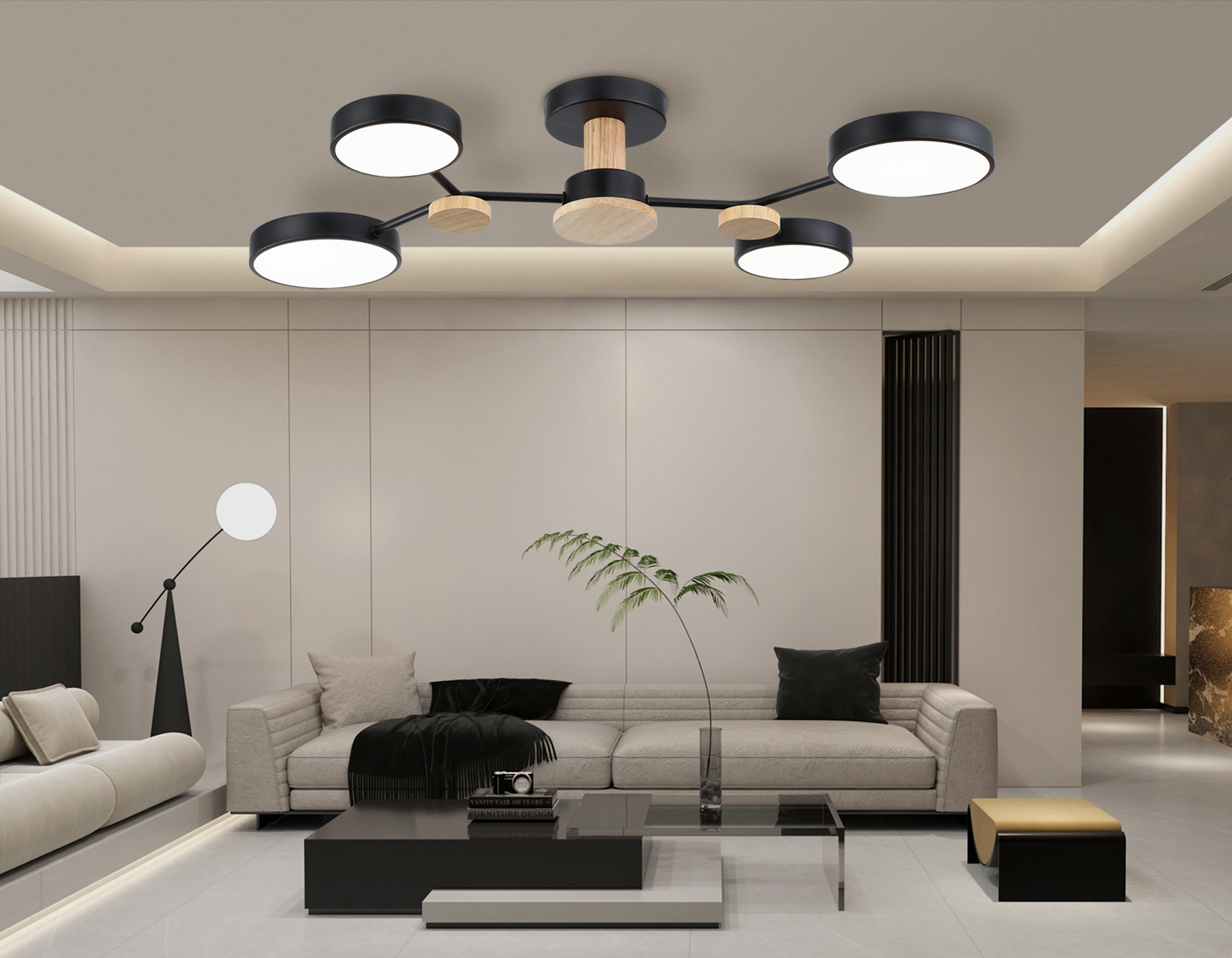 Люстра светодиодная на штанге FL4860/4 BK/WD черный/дерево 60W 3000-6000K 700*400*120 (без ПДУ)