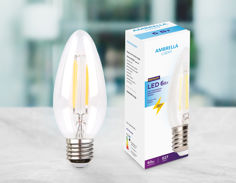 Филаментная светодиодная лампа C37 Лампа Filament LED C37-F 6W E27 4200K (60W)