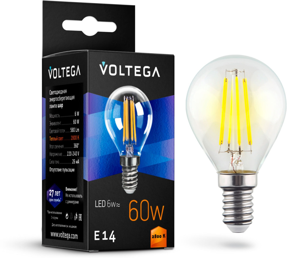 Лампочка светодиодная 600K 580Lm E14x6W CRYSTAL 7021 (voltega_7021)