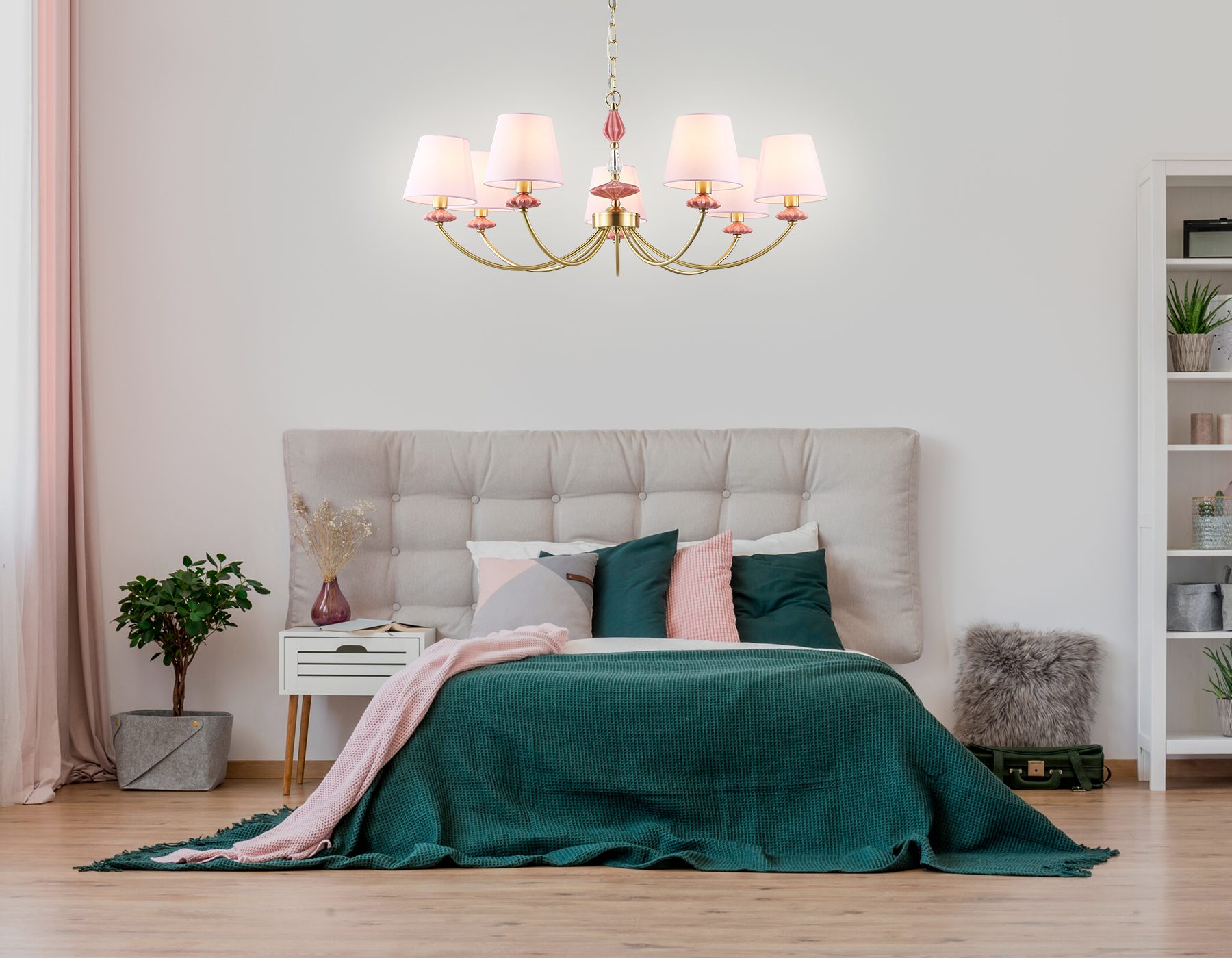 Подвесная люстра с абажуром и декором из керамики LH75025/7 GD/PI золото/розовый E14/7 max 40W D890*800