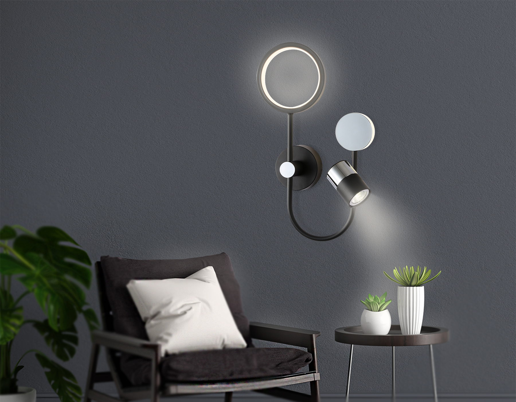 Настенный светодиодный светильник со сменной лампой FL51601/3 BK/CH черный/хром 11W 4200K+GU10 424*275*100