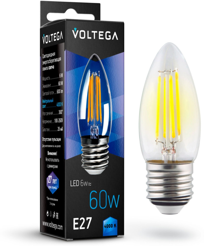 Лампочка светодиодная 4000K 60Lm E27x6W CRYSTAL 7029 (voltega_7029)