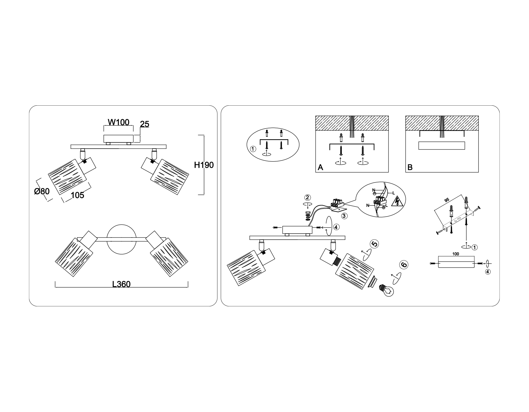 Настенно-потолочный спот в стиле лофт TR8664/2 WH белый E14/2 max 60W 360*100*190