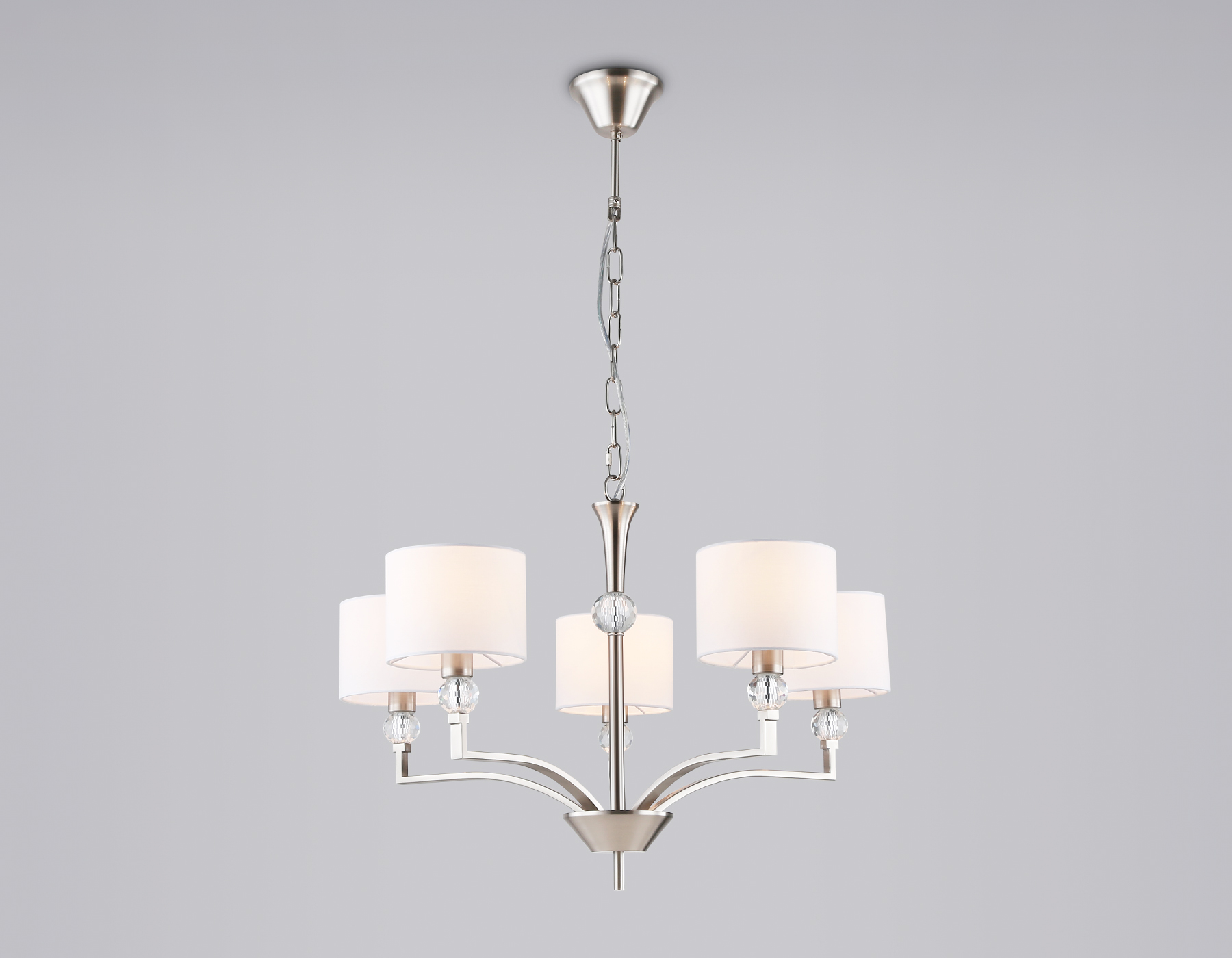 Подвесная люстра с абажурами и хрусталем LH71121/5 SN/WH никель/белый E14/5 max 40W D660*880